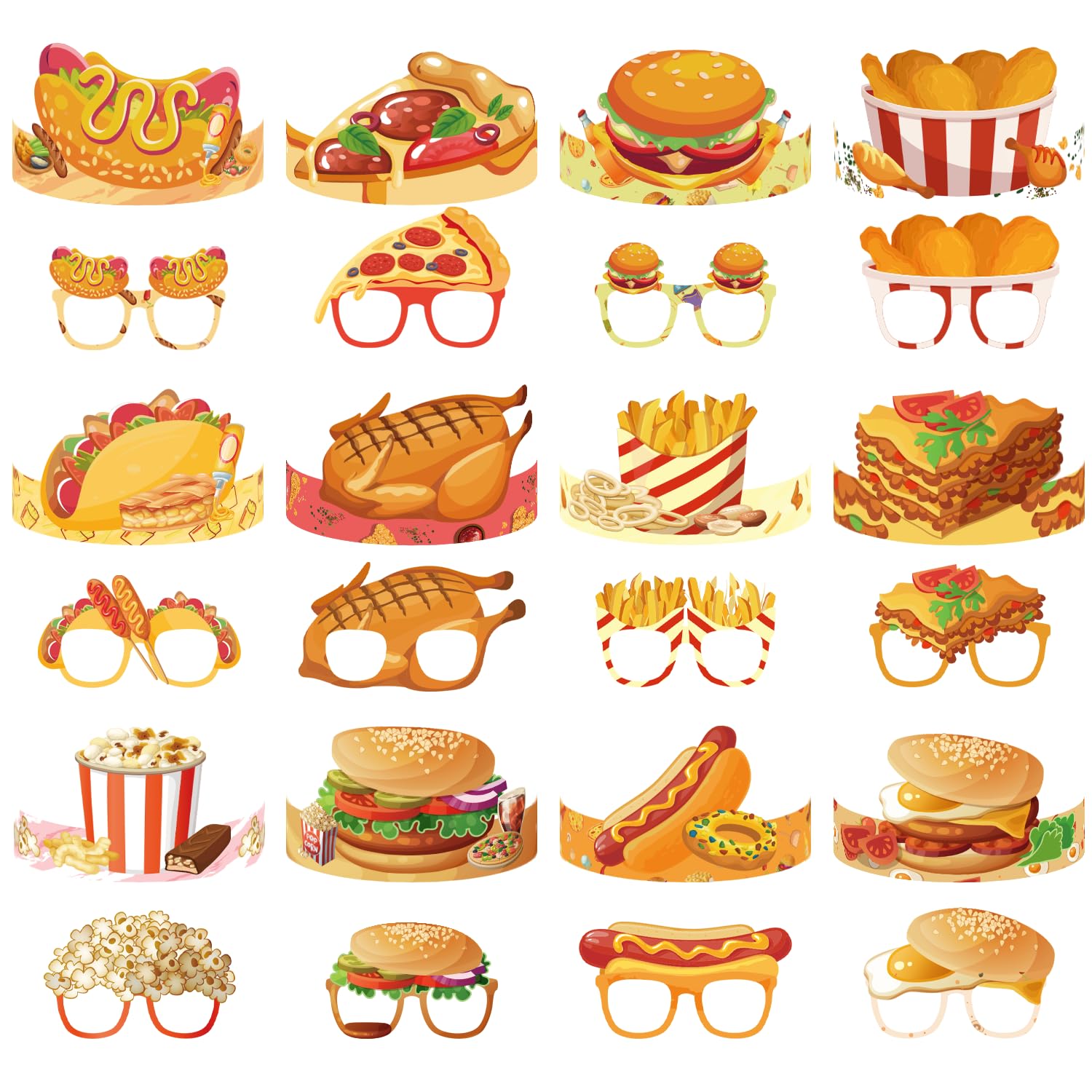 LFCFDX Fast Food Paper Hats, Glasses, and Ropes (48 Pcs) - Perfect for Fast Food Themed Parties, Birthday Parties, Classroom Activities, and More -