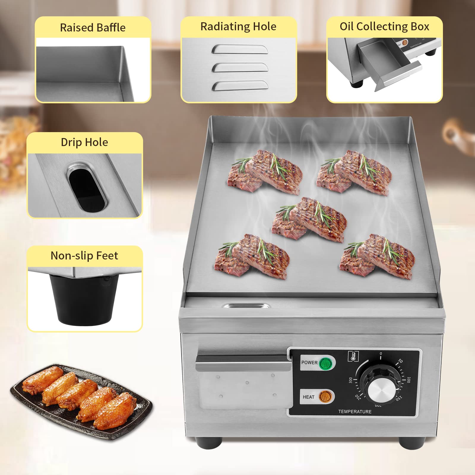 Commercial Griddles - Electric Griddle Non-Stick Flat Top Large Grill Hot Plate BBQ Stainless Steel Temp-Setting with Drawer (1300W)