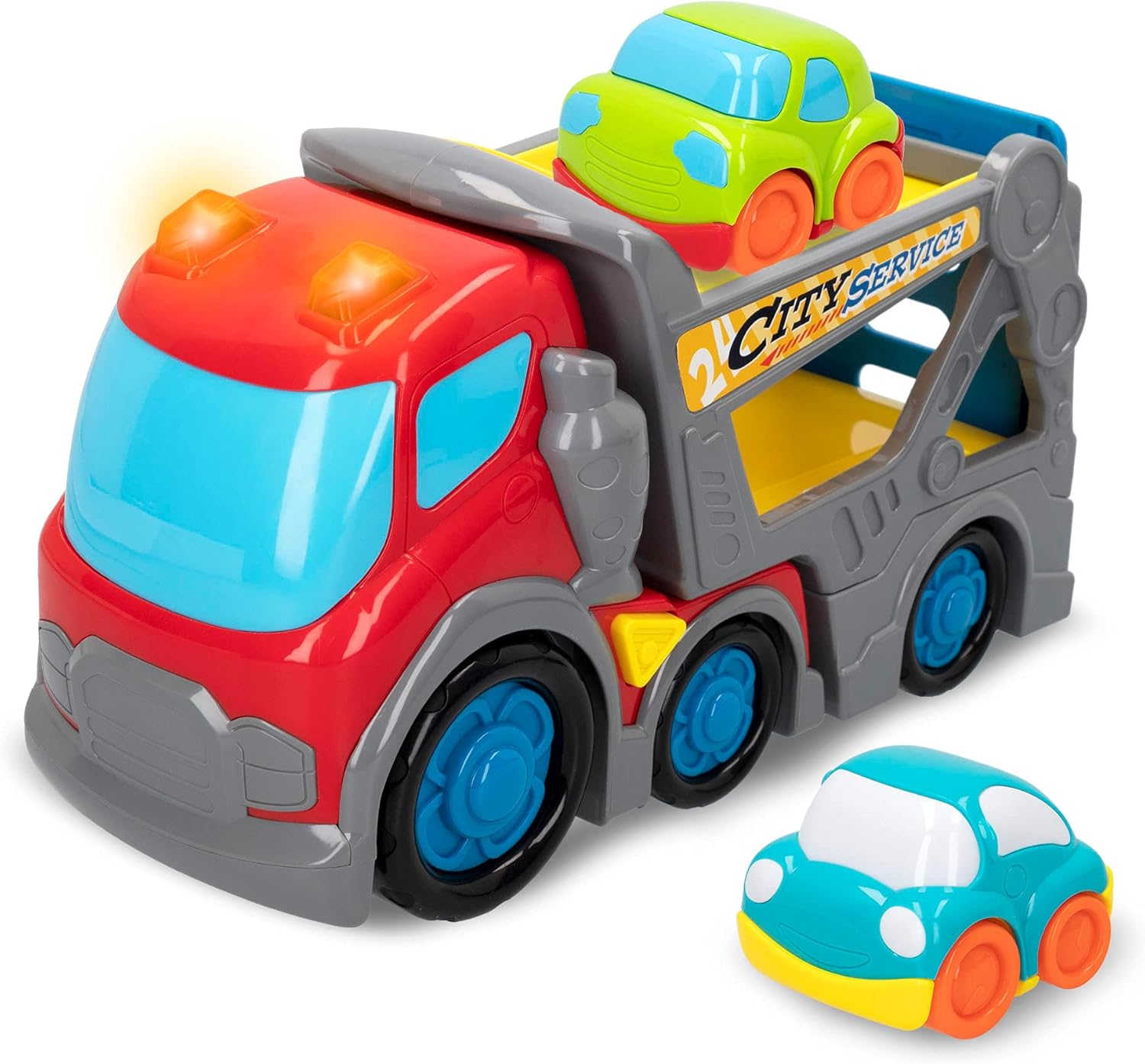 Kiddy GO! - Camión juguete, camión grúa de juguete, camión para niños con luz y sonido, camión con remolque y 2 coches incluidos, juguetes educativos, juguetes niños 1 año (46607)