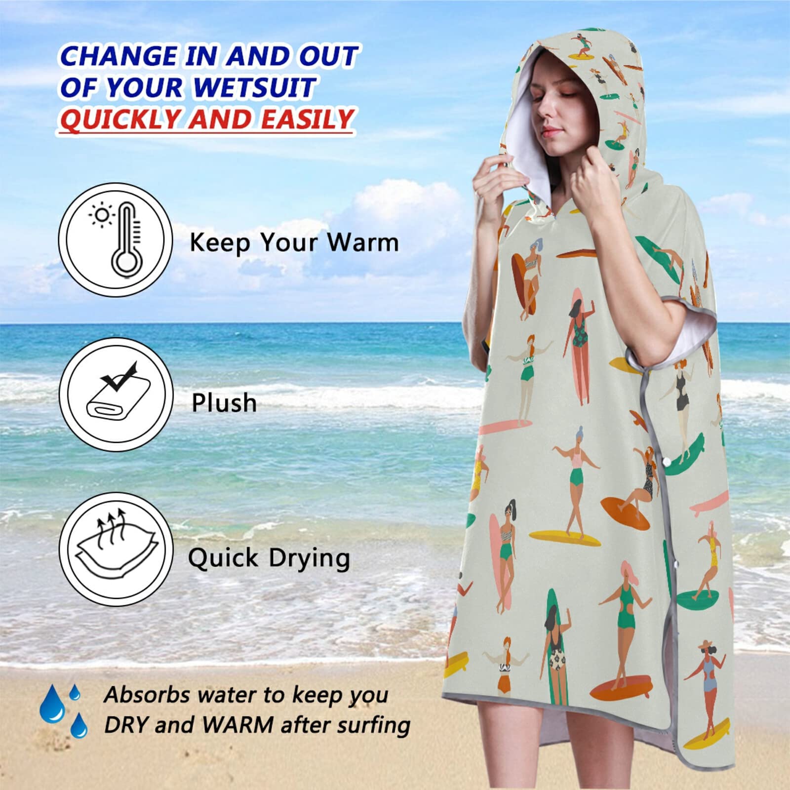 Mädchen Surfer in Bikinis Nahtloses Muster Erwachsene Surf Poncho Wickelmantel mit Kapuze und Tasche, schnell trocknender Bademantel, Mikrofaser-Handtuch-Neoprenanzug für Bad, Strand, Outdoor