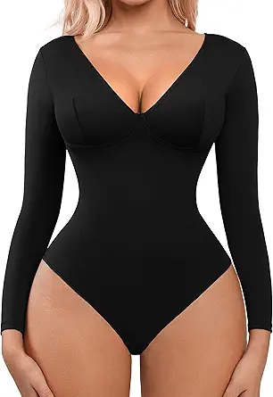 FeelinGirl Bodysuit for Women Tummy Control Short/Long Sleeve Going Out Bodysuits V/Scoop Neck Shirt One Piece Slim Top