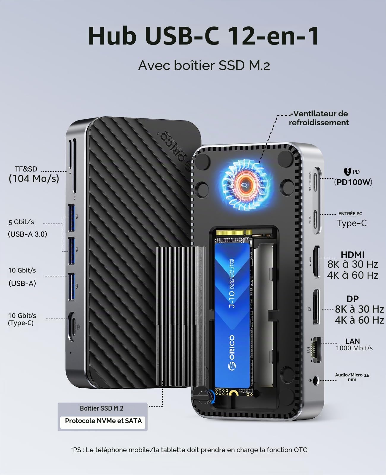 ORICO Hub USB C 12 en 1 avec boîtier M.2 SSD, Station d'accueil USB-C sans Outil avec Ventilateur, Docking Station HDMI,DP,RJ45,100 W PD, SD/TF, Audio/Mic, USB A&C 10 Gbps USB A&C 2 x 5 Gbps USB A