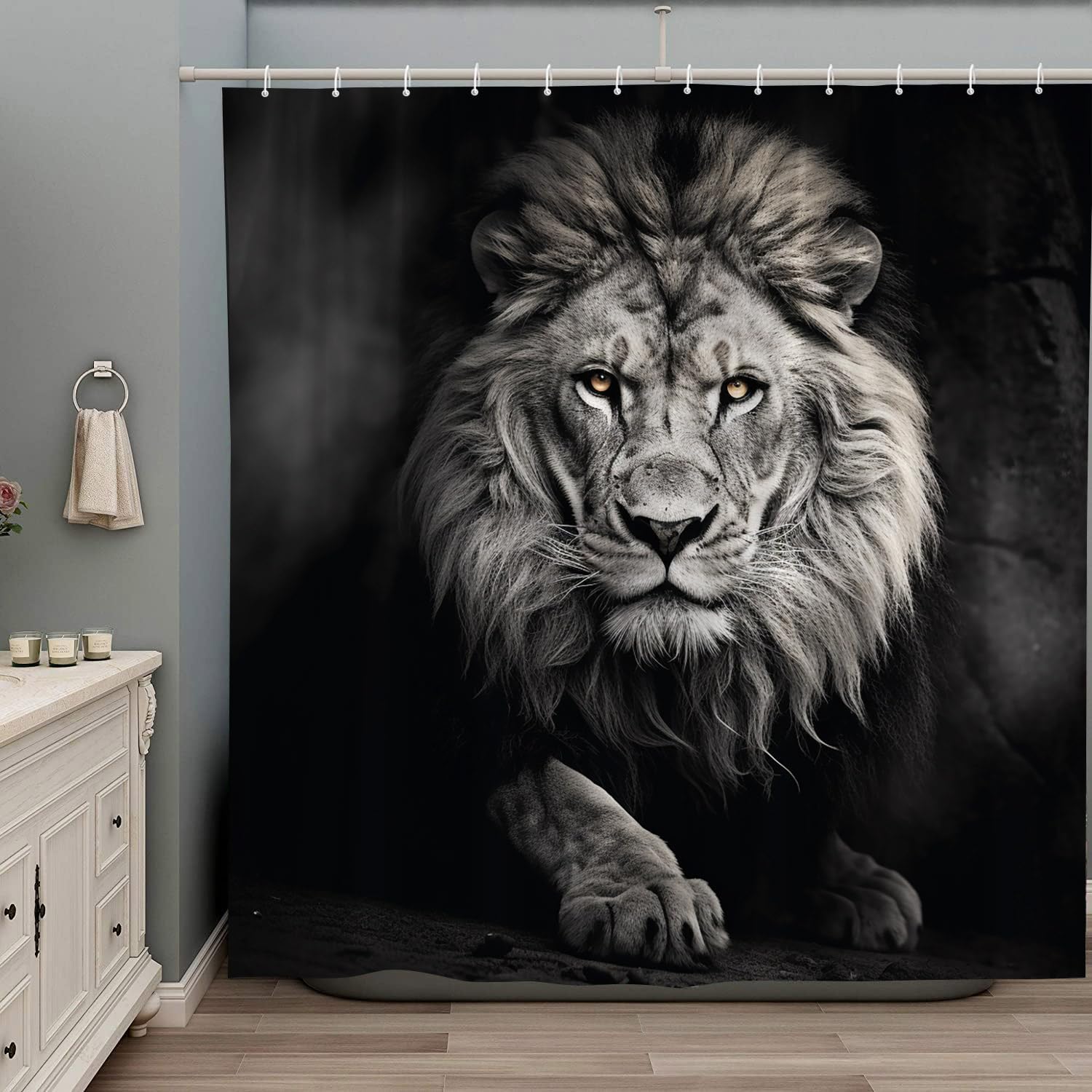 Lion Shower Curtain Boys Mens Bathroom Curtains Male Vintage Majestic Wildlife Animal Safari Cool Art Polyester Fabric Bathroom Decor Set with Hooks 90Wx70H Inch
