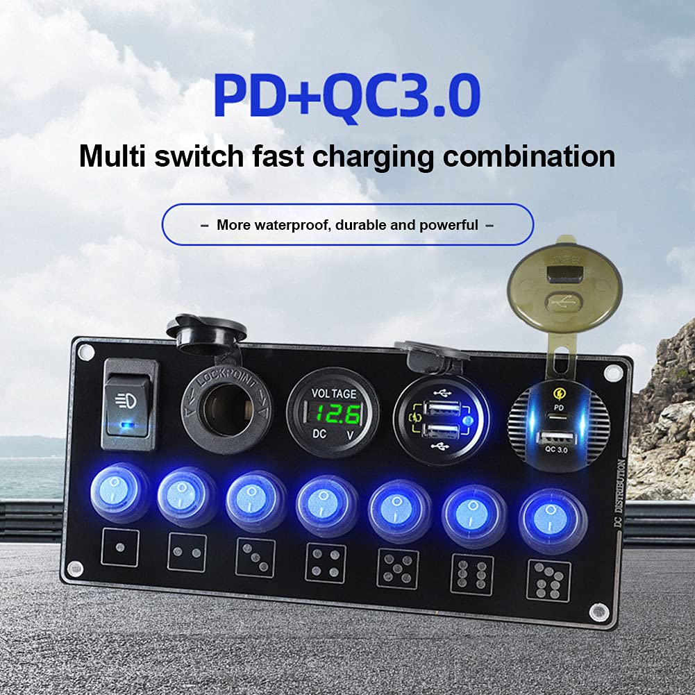 URFEDA Panneau Interrupteurs à Bascule 5 interrupteurs Deux USB QC Chargeur Voiture QC3.0 12 V-24 V 60W Étanche Allume Cigare Charge Rapide, AVCE Voltmètre à LED, pour Moto, Caravane, Camion, Bateau