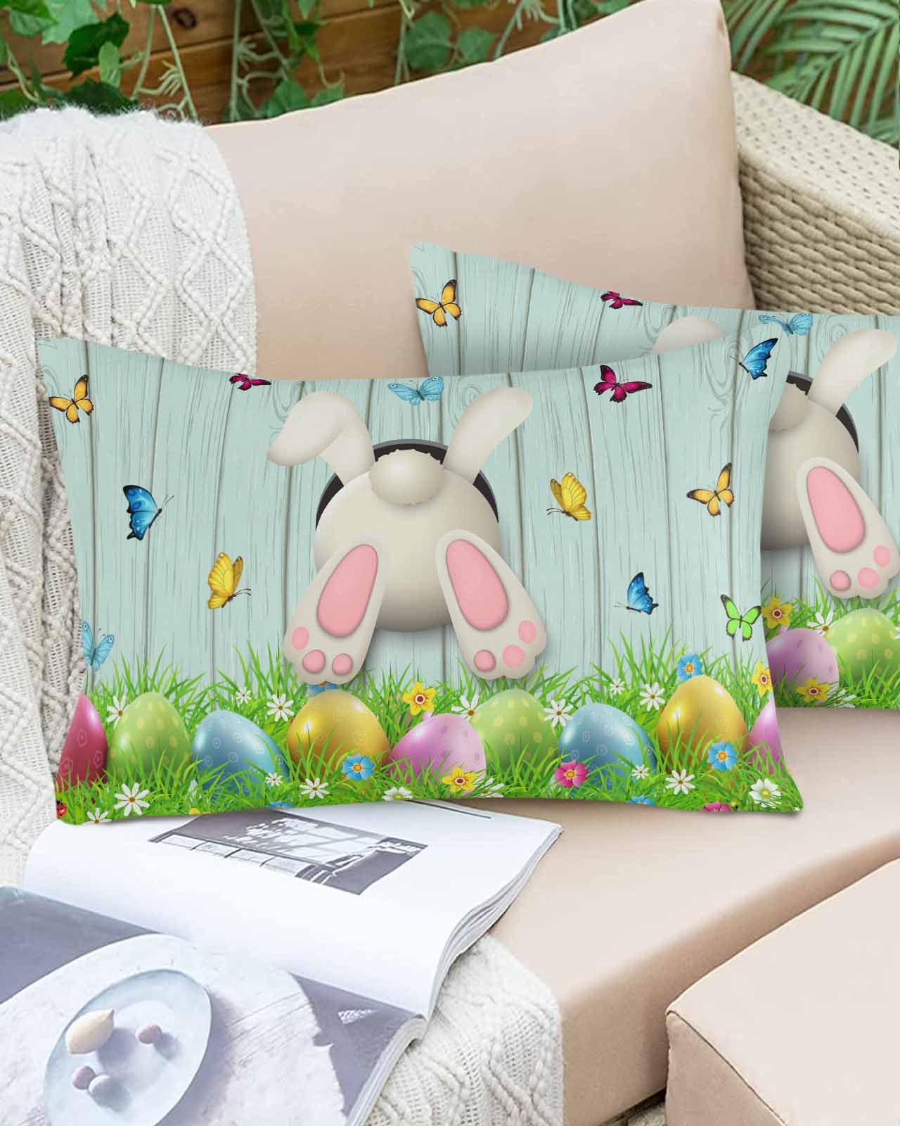 Boanket Lumbar Pillow Covers 12 x 20 In, Teal Bunny Tail Easter Waterproof Throw Pillow Cover Set of 2, Colorful Eggs Spring Floral Home Decorative Rectangle Cushion Covers for Patio/Tent/Couch/Garden