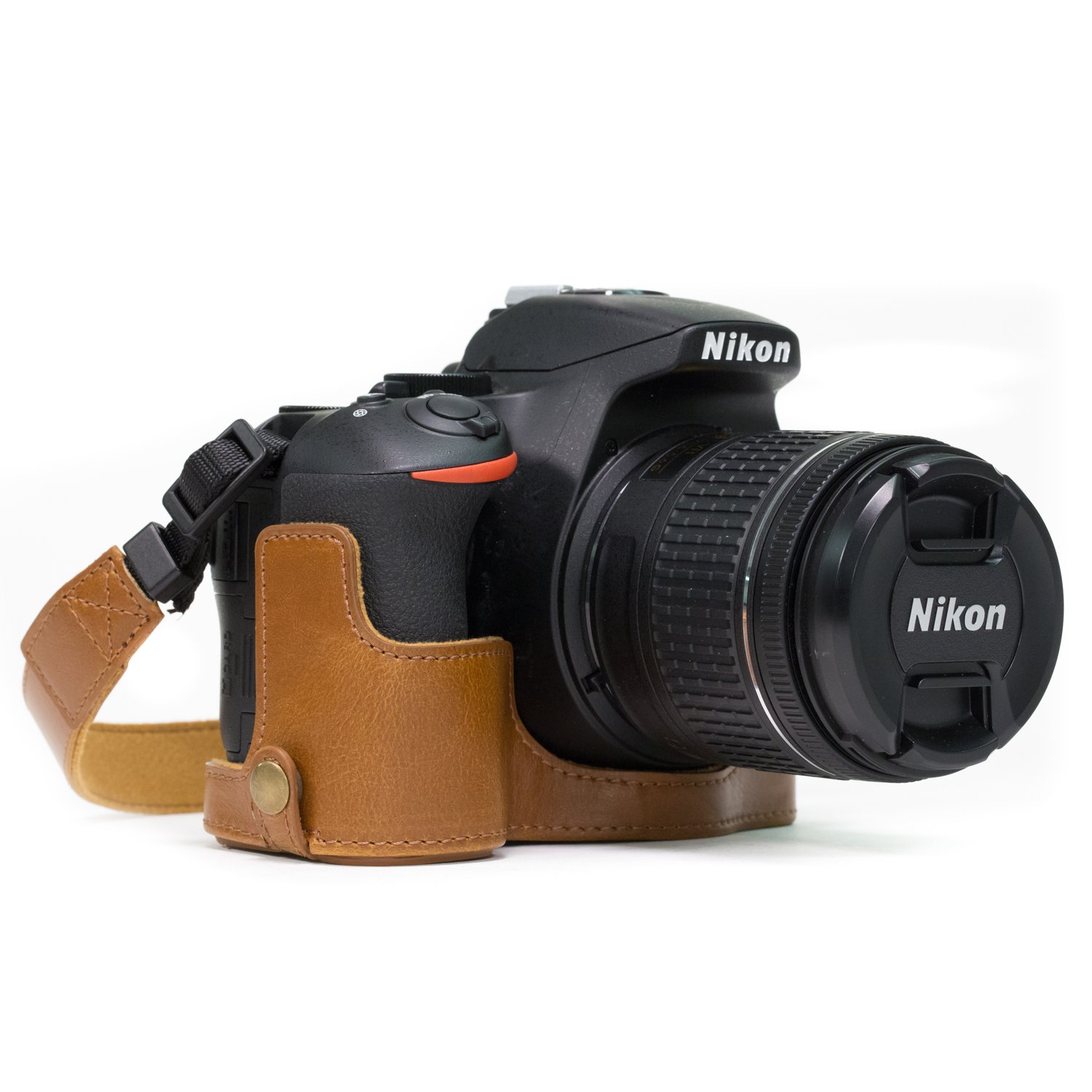 MegaGear Nikon D5600, D5500 Ever Ready Leather Camera Half Case and Strap, with Battery Access - Light Brown - MG1172
