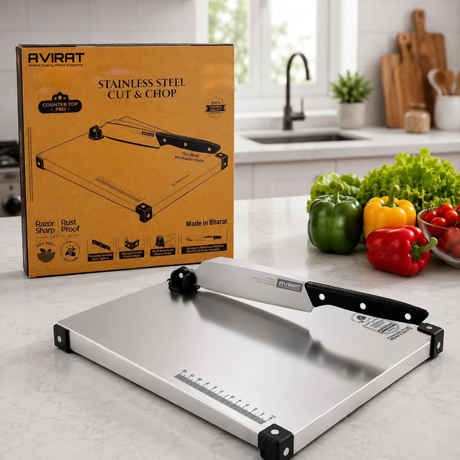 stainless steel chopping board with knife & finger protector| food grade steel cutting board | heavy duty kitchen cut and chop board with rotary knife lock | rust proof chopping board