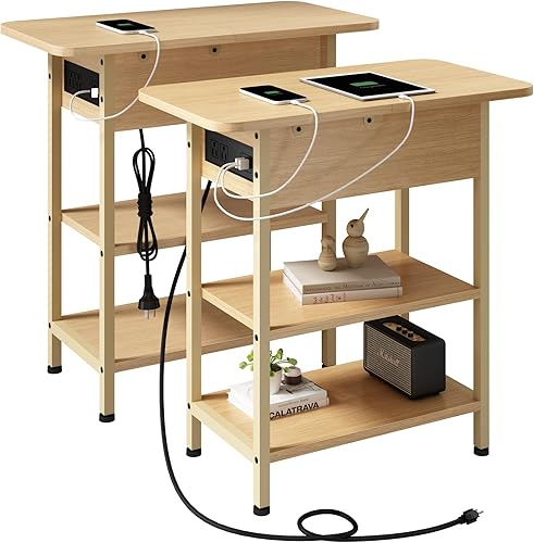Miniatura 31 de LIDYUK Mesa auxiliar con estación de carga, juego de 2 mesas auxiliares estrechas para espacios pequeños, juego de 2 mesas de noche para dormitorio,