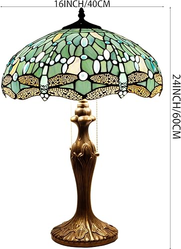Miniatura 4 de WERFACTORY Tiffany Lámpara de mesa de noche de cristal azul mar, lámpara de mesa estilo libélula luz de lectura de escritorio, base de metal, 16 x