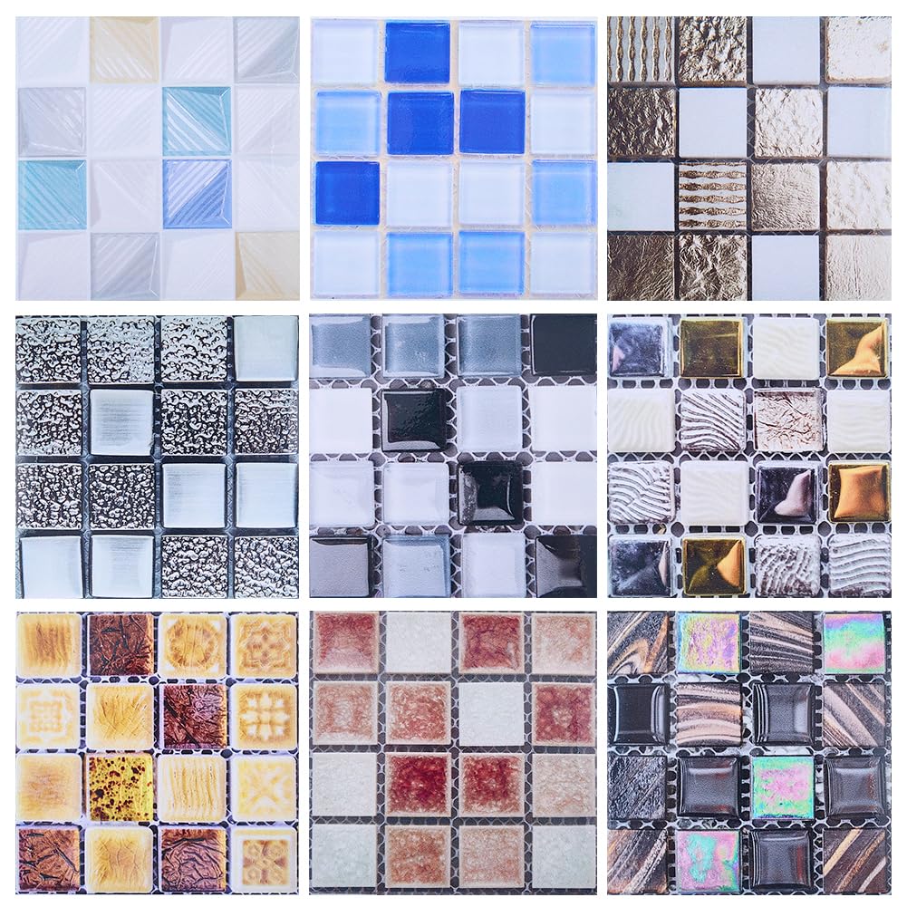 GOMAKERER 18 Sheets 9 Styles Dollhouse Wallpapers, 3.94 Inch Square Mosaic Pattern Self Adhesive Dollhouse Wallpaper Flooring PVC Waterproof Mini Stickers for DIY Crafting House Models