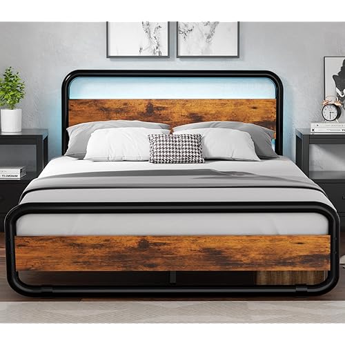 Queen Platform Bed Frame with Wooden Headboard and Footboard, Heavy Duty Strong Metal Bed Frame Queen Size with LED Headboard, No Noise/No Box Spring Needed/Under Bed Storage/Easy Assembly