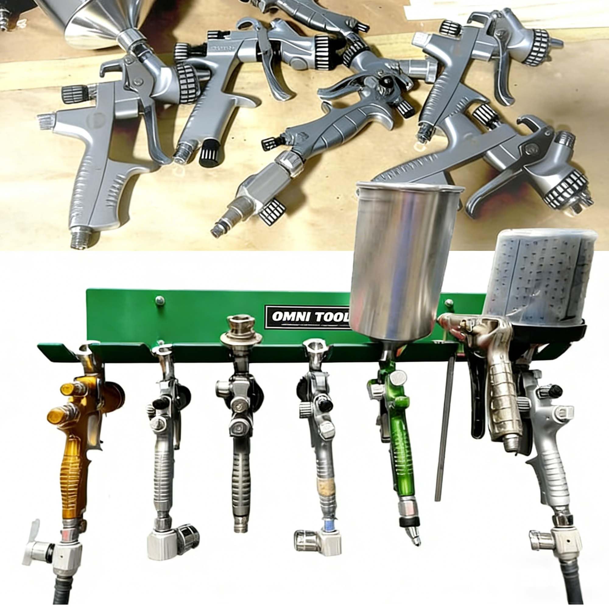 LAUCO Omni Tool - Soporte para pistola de pintura múltiple, soporte para pistola de pintura, capacidad para 7 pistolas sin tazas o 4 pistolas con tazas, diseño estable y sin arañazos (verde, 1 unidad)