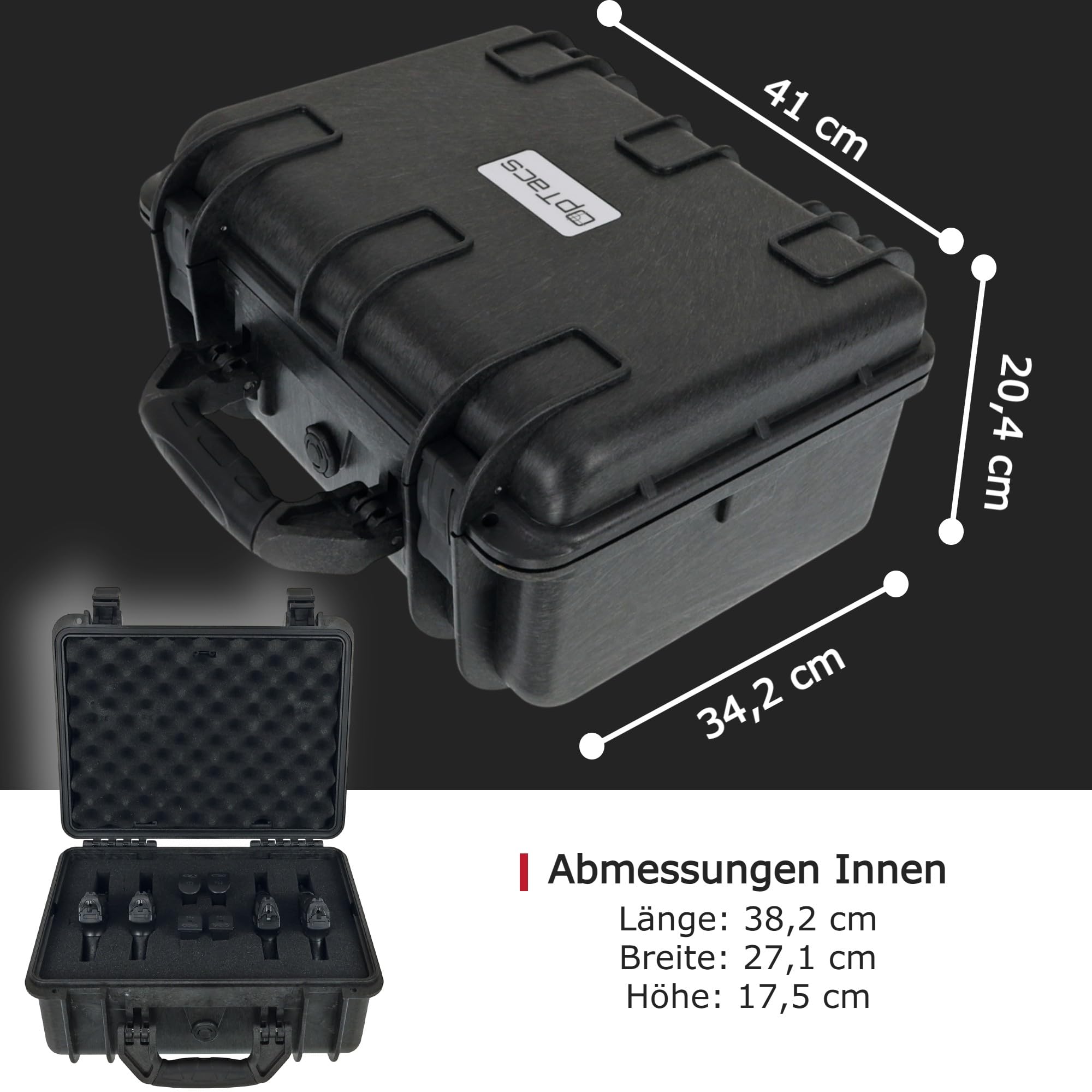 OpTacs Hartschalenkoffer wasserdicht für Pistolen und Zubehör 41x34,2x20,4cm – Stoßfest, Staubdicht, mit anpassbarem Rasterschaumstoff, abschließbar, ideal für Kurzwaffen