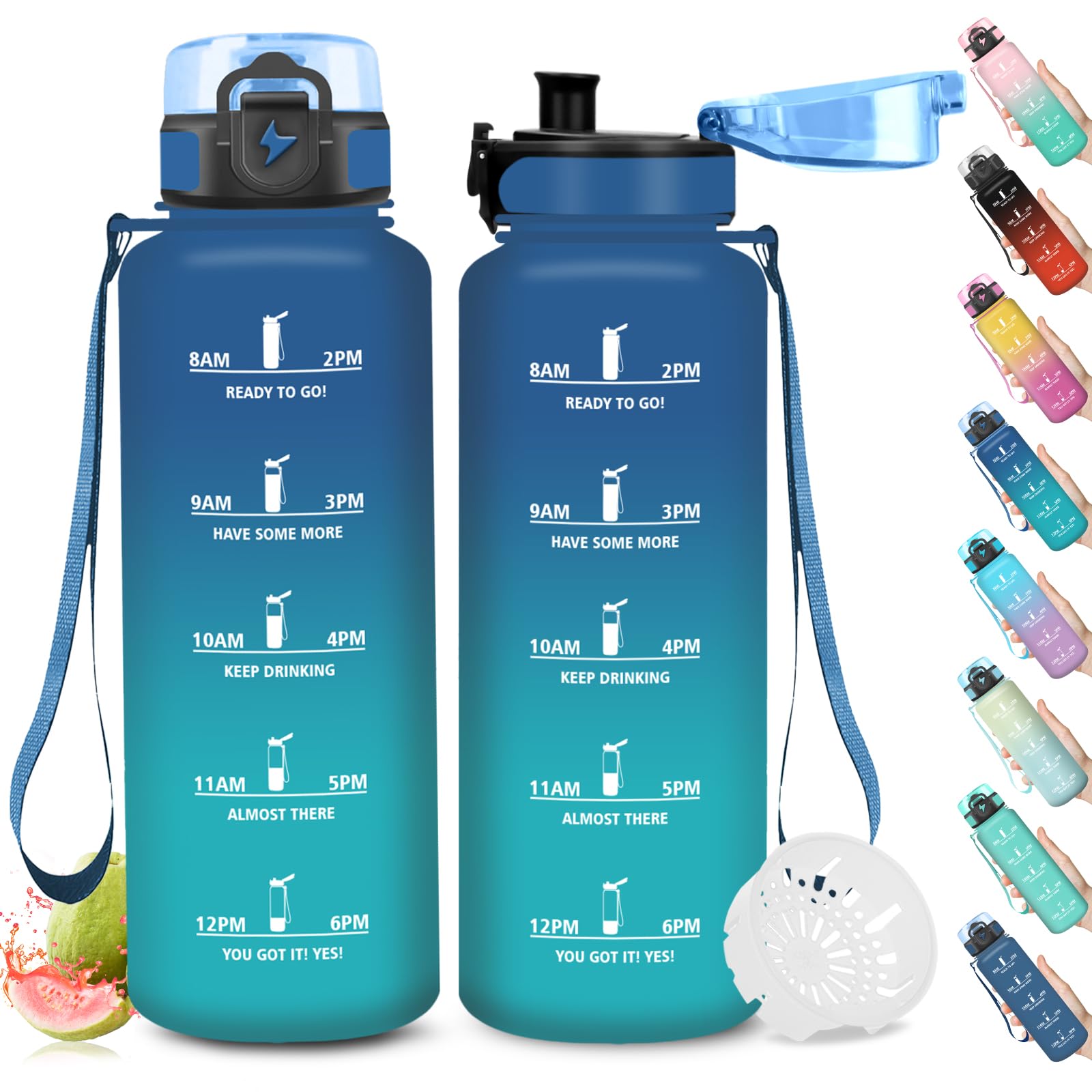 Mujigaga Water Bottle 1.5 L, Sports Water Bottle with Time and Lacing, Leak-Proof Water Bottle, Sports Bottle with Time Marking, Bottle Easy to Clean, for Work, Hiking, Gym