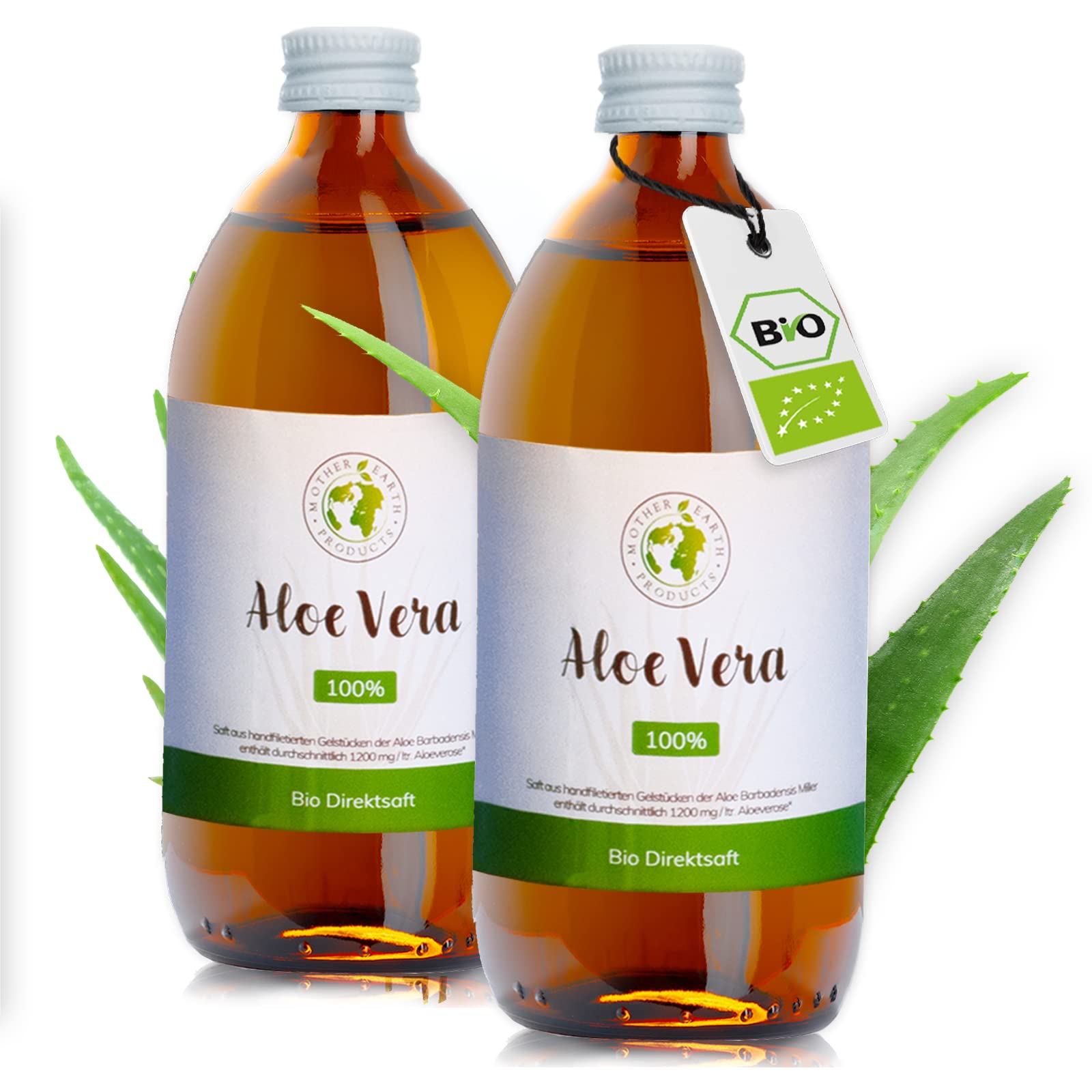 Mother Earth Products | Jugo directo 100% orgánico de aloe vera sin aditivos | Gel interior puro de la hoja de aloe vera para beber | 1200 mg/l Aloverose | 2 x 500 ml