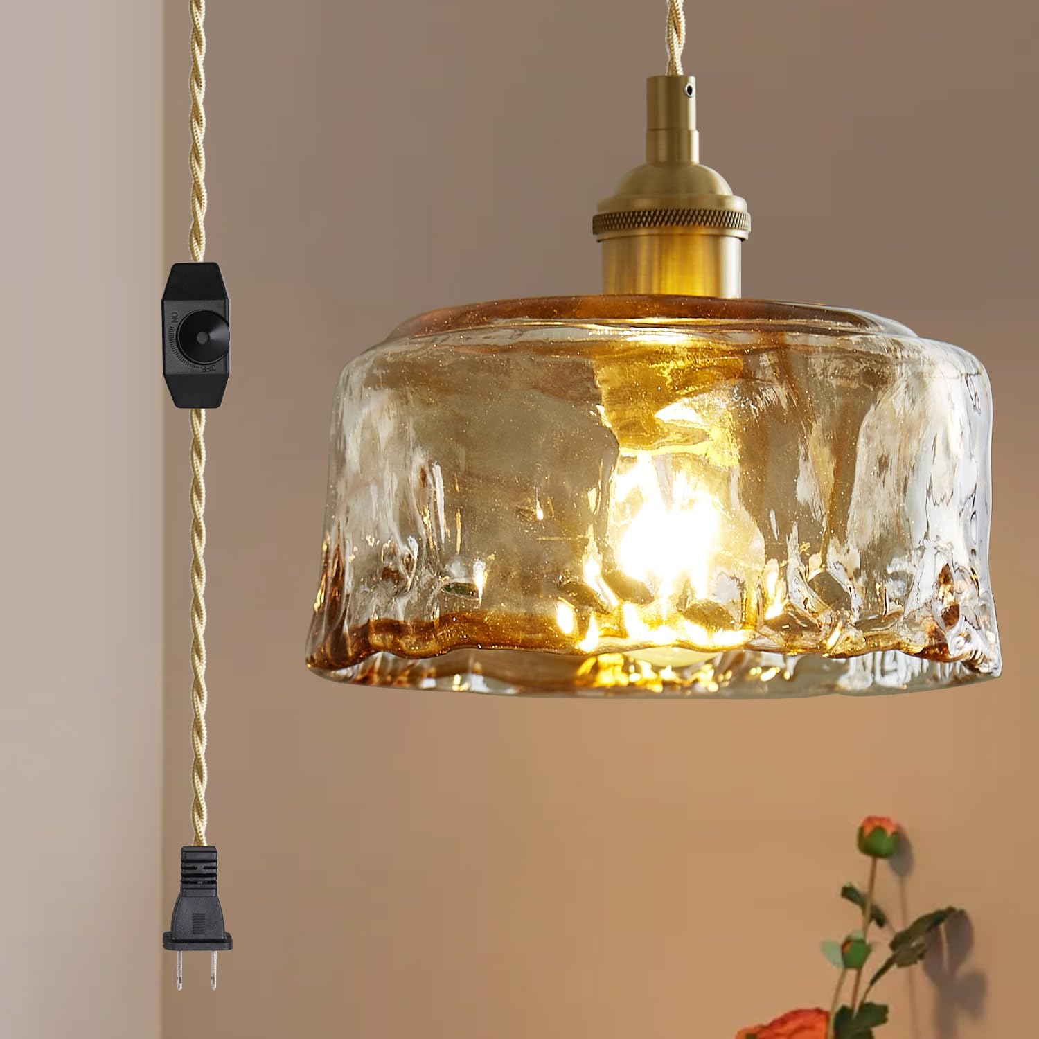 Glass Pendant Lights Kitchen Island Plug in Pendant Light with Dimmable Switch Amber Glass Lampshade for Bedside Dining Room Foyer, Brass Amber A133 Plug in