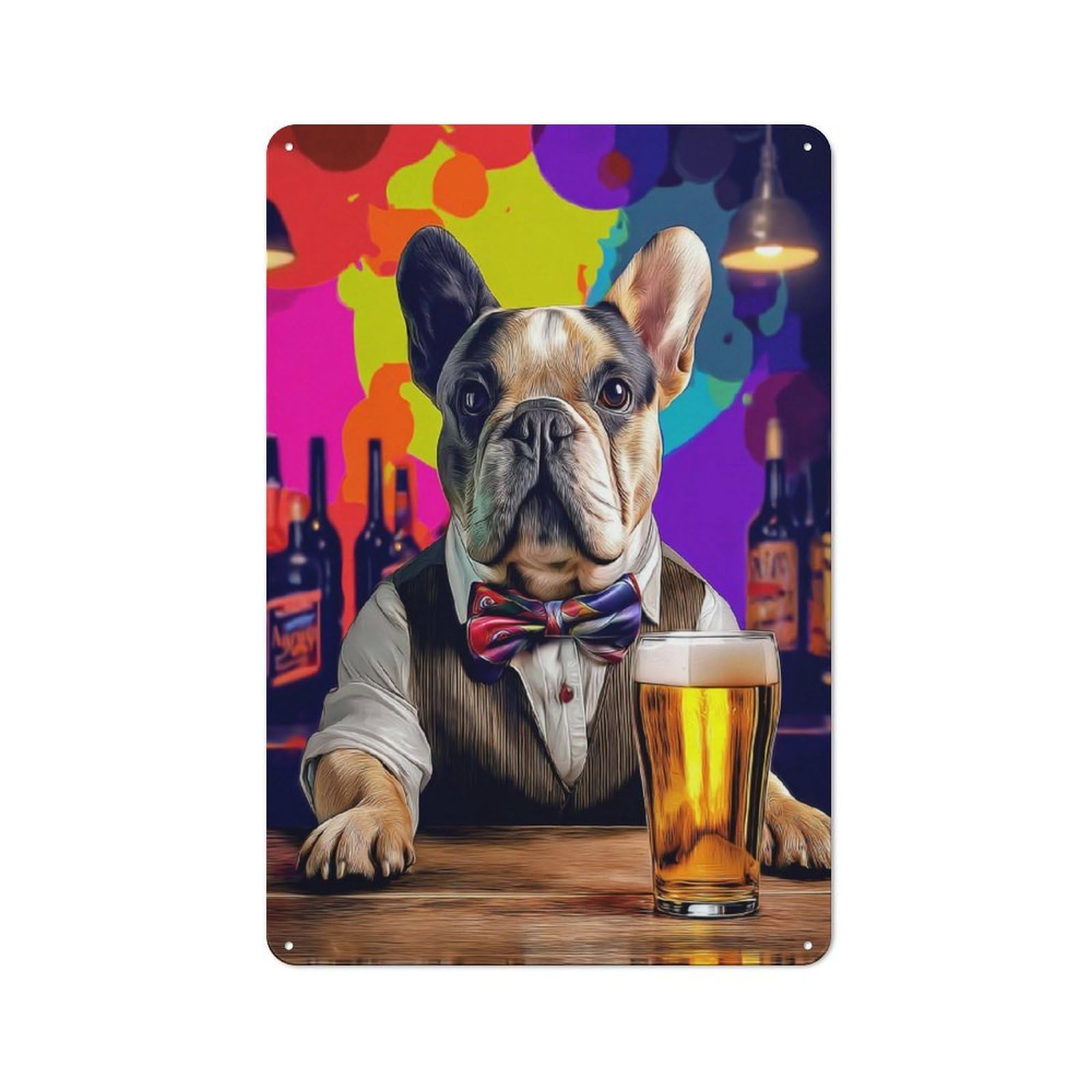 Junmoney French Bulldog Enjoying A Beer Retro Metal Sign 30X20cm, Garage Style Shed Wall Plaque For Garage, Hobby Room, Office Or Man Cave
