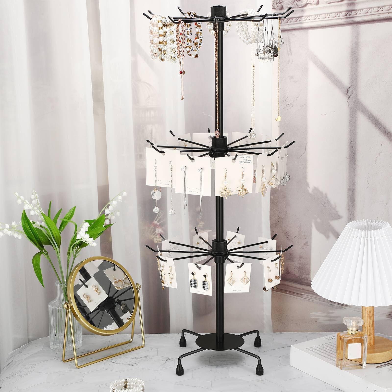 Yaocom 4 soportes giratorios de exhibición de joyas de 3 niveles giratorios para llavero, aretes, estante de exhibición ajustable, mostrador de moda, organizador de árbol de joyería para mujeres y