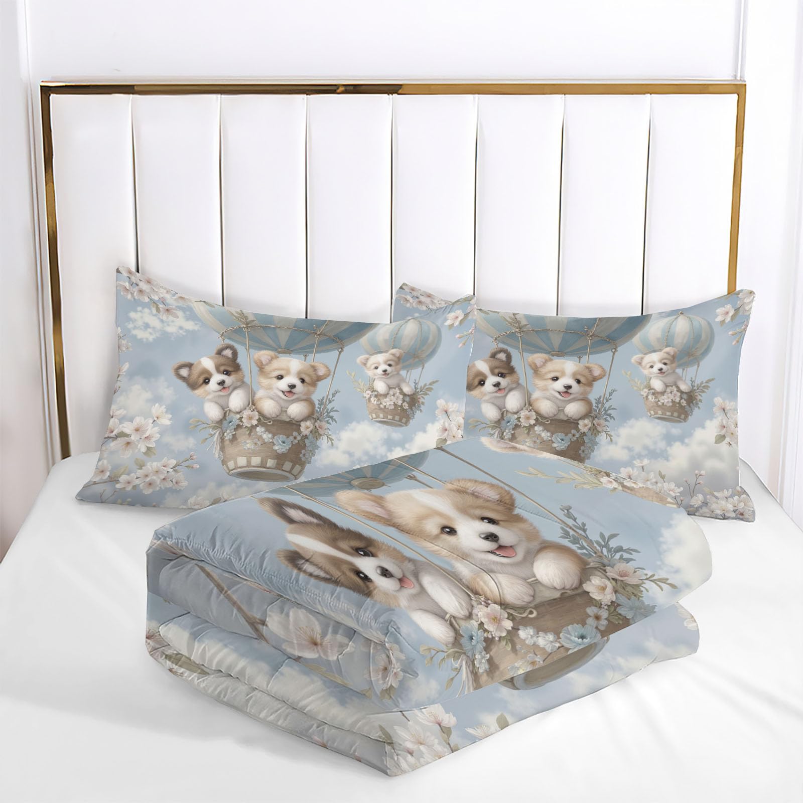 Trapunta Letto Singolo 4 Stagioni Piumone per Bambini, Mongolfiera Cane Leggero Fiori Carini Animali Set di Biancheria da Letto 140x200cm con 1 Federe,Piumino Lavabile In Lavatrice