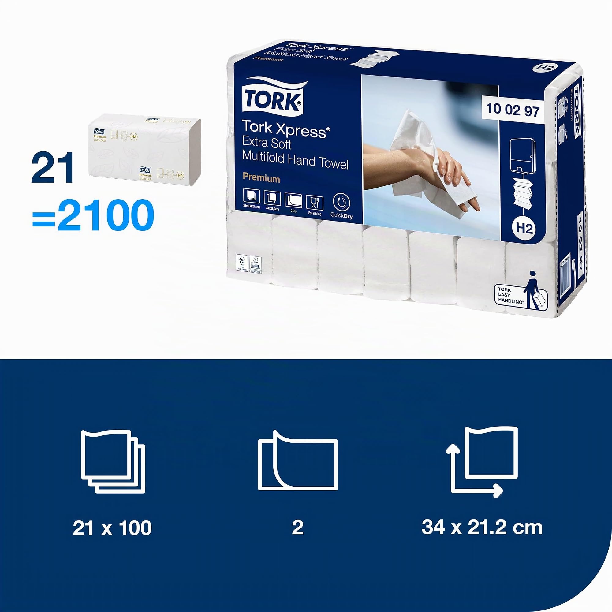 Tork 100297 Xpress Extra Soft Hand Paper Towels H2 / Soft Absorbent Multifold Hand Towels Premium / Mfold Compatible with Tork H2 System / 21 x 100 Sheets (34 x 21 cm)