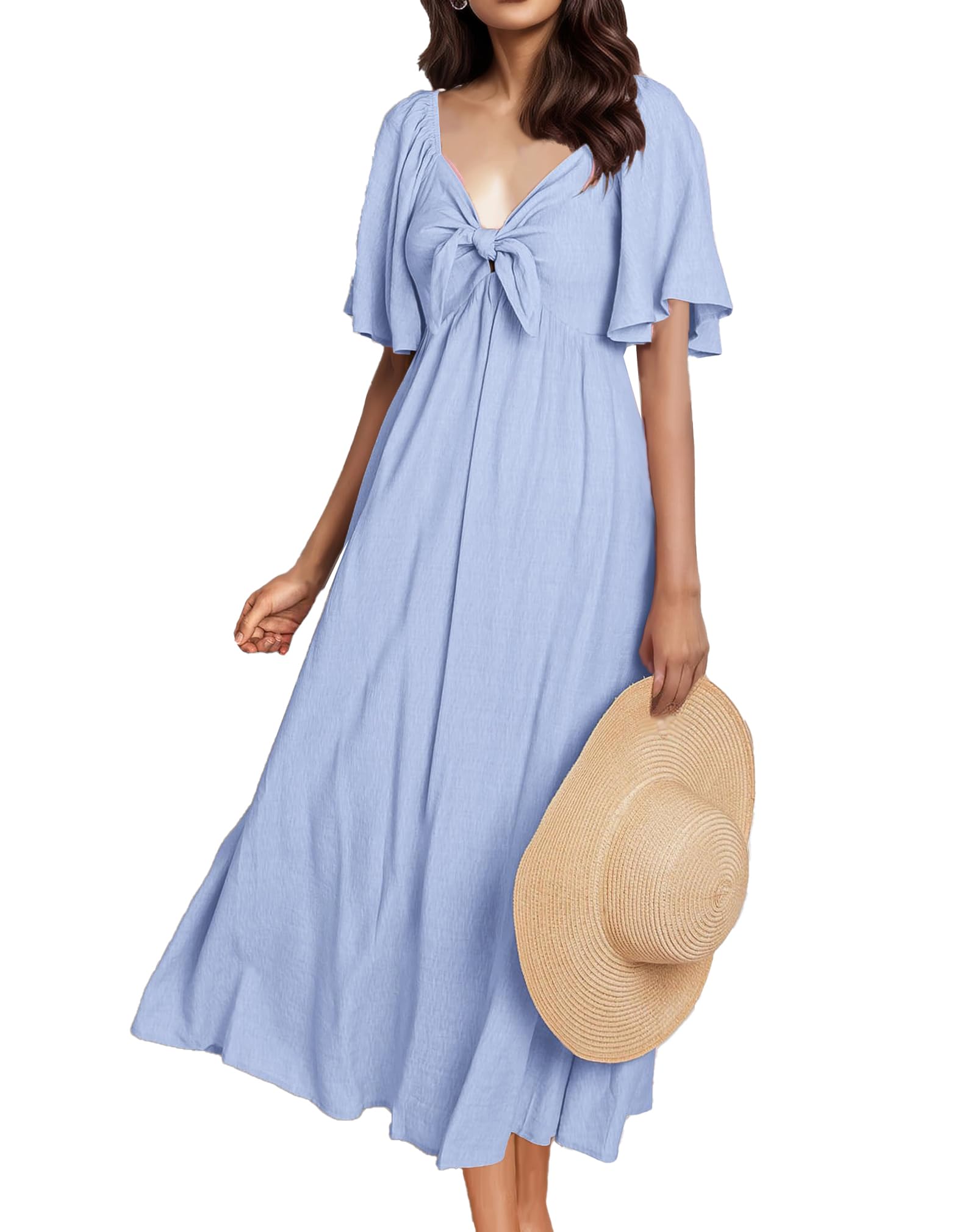 GOLDSTITCH Summer Dress for Women 2025 Casual Short Sleeve Bow Tie V Neck Smocked High Waist A-Line Flowy Midi Dress