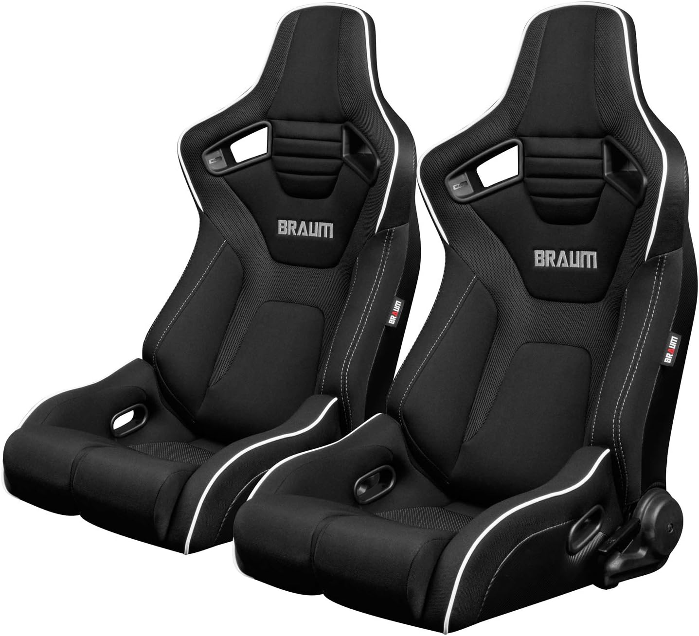 BRAUM Elite-R Series Racing Seats – Fixed Bucket Seat with Carbon Fiber Backing – Black Cloth and White Piping + Bottom Mount (Fits up to 38" Waist) – 1 Pair (BRR1R-BFWP)