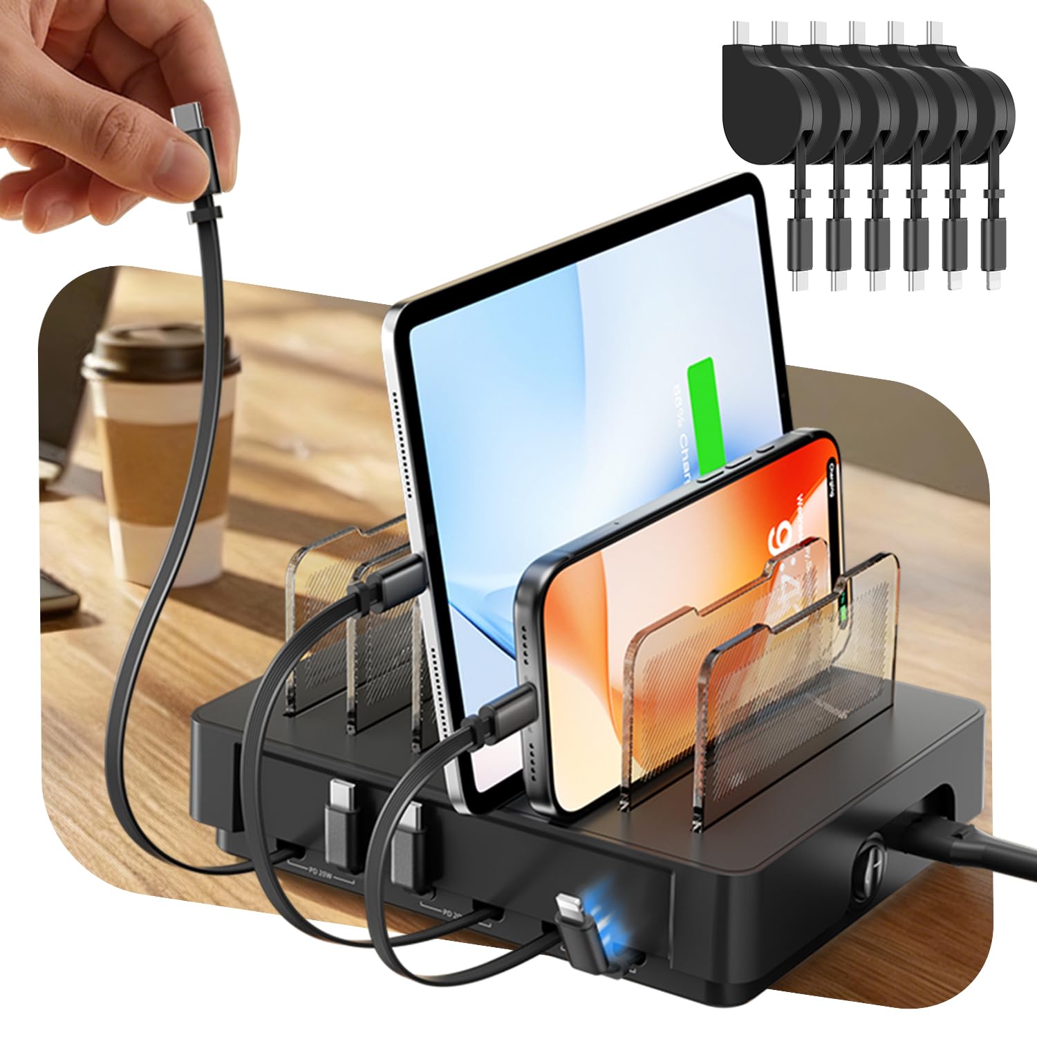 SooPii HomeHub H1, estación de carga de 60 W para múltiples dispositivos con 4 cables retráctiles magnéticos C a C y 2 C a iP, organizador de cargador para iPhone 17/16, tablet, Samsung, AirPods y más