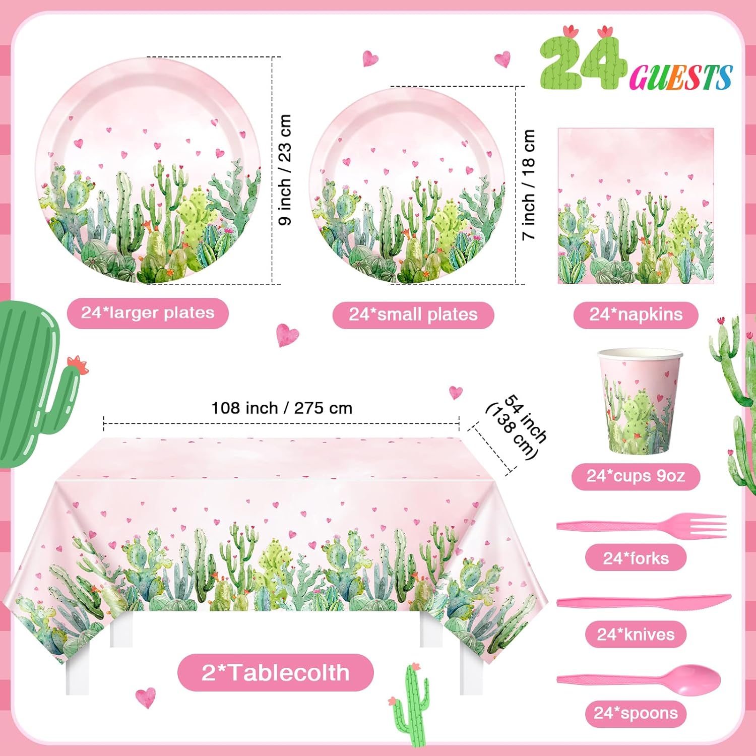 170 Pcs Cactus Party Decorations Supplies 24 Guest Cactus Party Set Disposable Tableware Paper Plate Cup Napkin Fork Knives Spoon for Fiesta Celebration Birthday Taco Decoration (Pink)