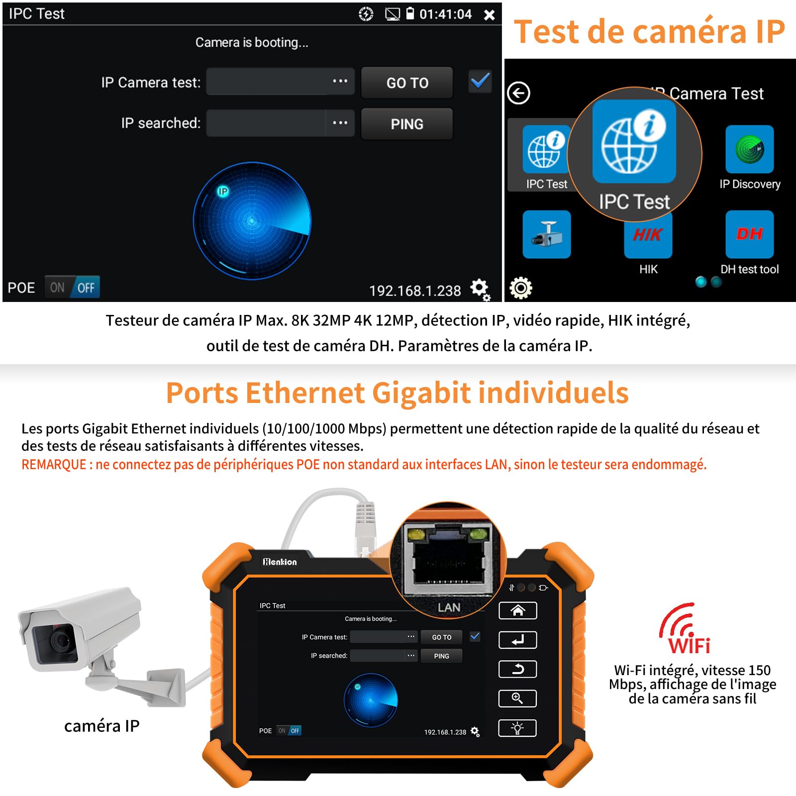 Henkion Testeur de vidéosurveillance IPC-1910C Plus, Moniteur Tactile 4 Pouces, Test Caméras IP 8K 32MP et 4K 8MP TVI CVI AHD CVBS, CCTV Tester Support POE PTZ WiFi RS485 avec Traceur de Câbles