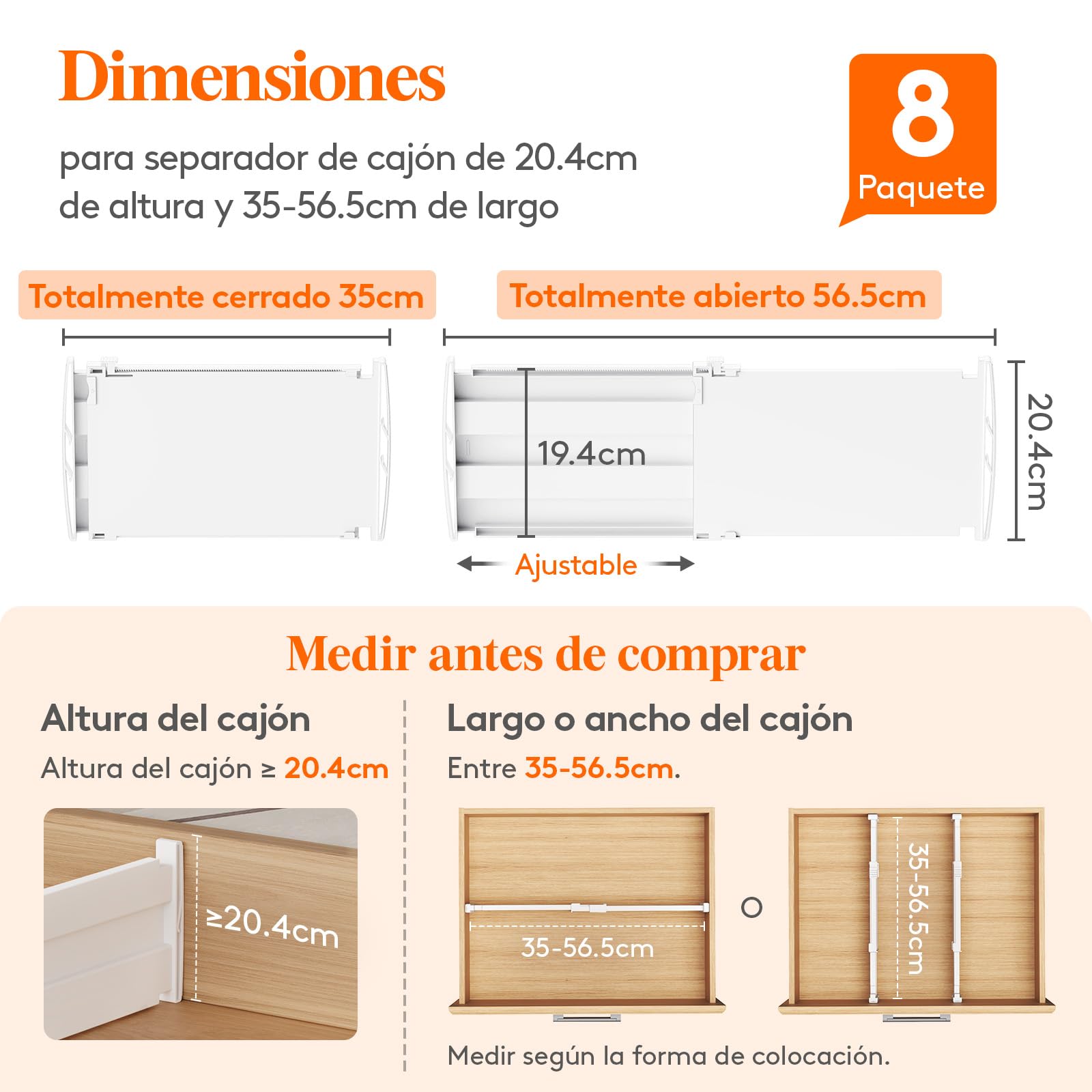 Lifewit Separadores de Cajones para Altura 20.5 cm, Ancho 35-55cm Divisores Ajustables para Armarios de Ropa, Organizador Plastico para Vestidores, Cocina, Baño, Tocadores y Escritorios, Juego de 8