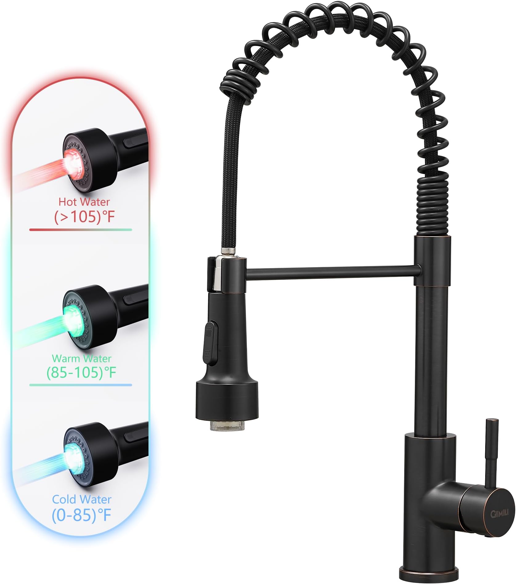 GIMILI Oil Rubbed Bronze Kitchen Faucet with Pull Down Sprayer Single Hole LED Sink Faucet, Suitable for Farmhouses, RV, Laundry Room, Outdoor, and Campers. Llave para fregadero de cocina