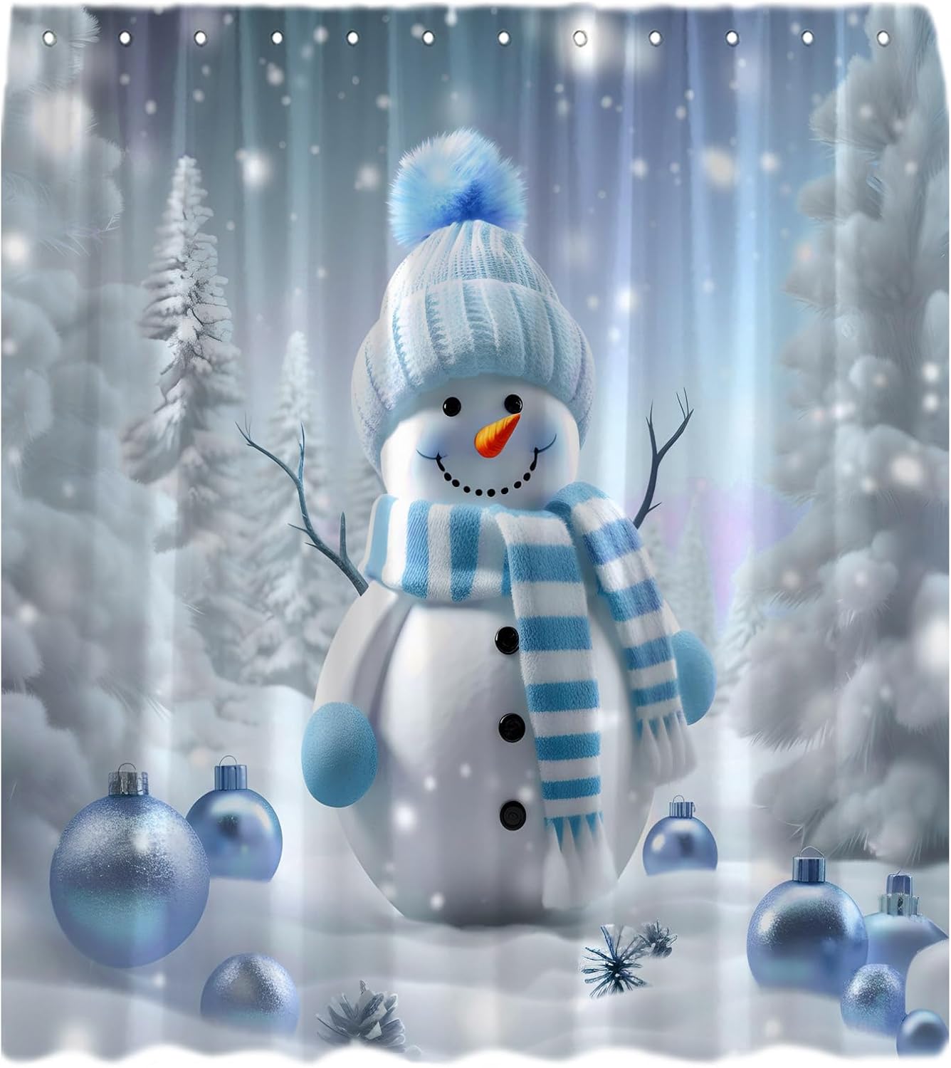 Christmas Snowman Shower Curtain Blue Winter Xmas Ball Pine Tree Snowflake Snowy Forest Scenery Merry New Year Holiday Polyester Fabric Bath Curtain 70 x 83 Inch
