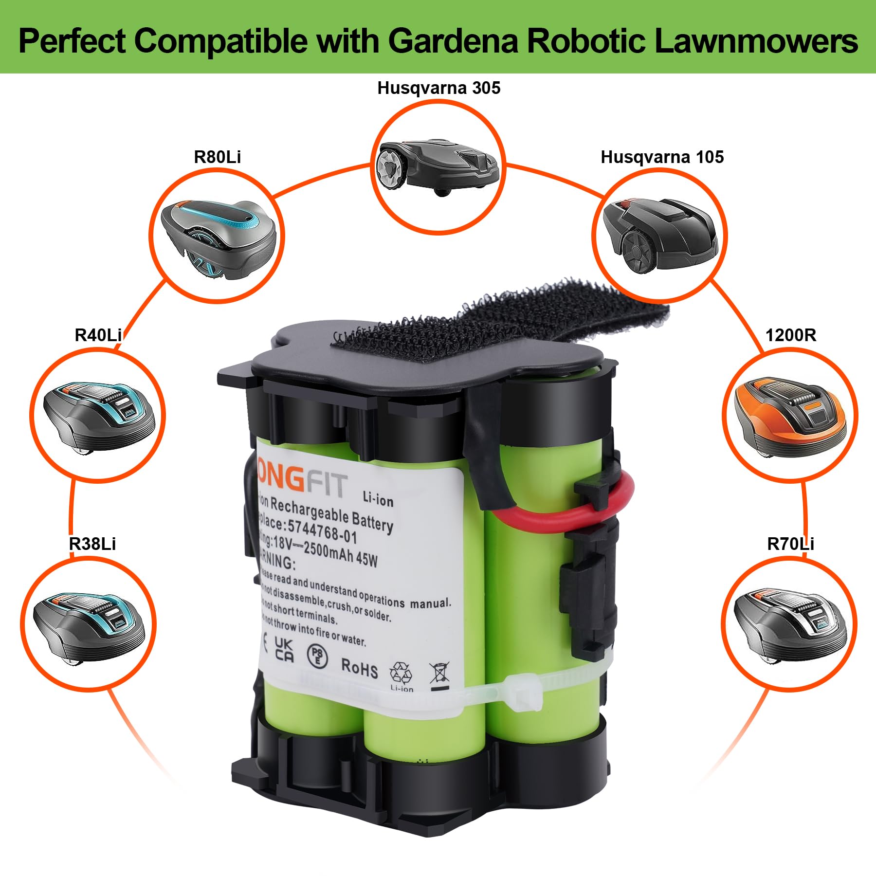 Batteria di Ricambio 18V 2,5Ah Compatibile con il Tosaerba Robotizzato Gardena R38Li, R40Li, R45Li, R50Li, R70Li, R75Li, Automower 105 305 308 308X, Flymo 1200R, McCulloch ROB R600 R800