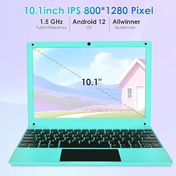 Mini 10.1 Android 12 Laptop Allwinner A133 CPU Android 12 OS 2GB RAM 64GB EMMC HD IPS Screen Portable Small Netbook Computer with Pixel 0.3MP Camera Blue