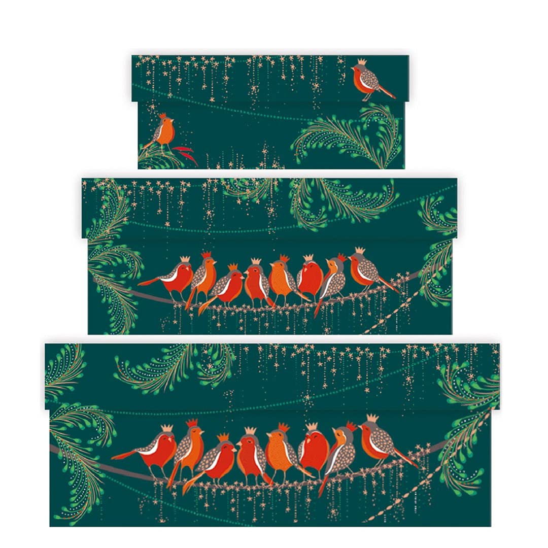 Penny Kennedy ROBINS ON A WIRE Linen Paper Storage Boxes, Nest of 3: Small (160mm x 116mm x 50mm), Medium (220mm x 162mm x 90mm), Large (310mm x 220mm x 130mm), Stackable, Simple, Elegant