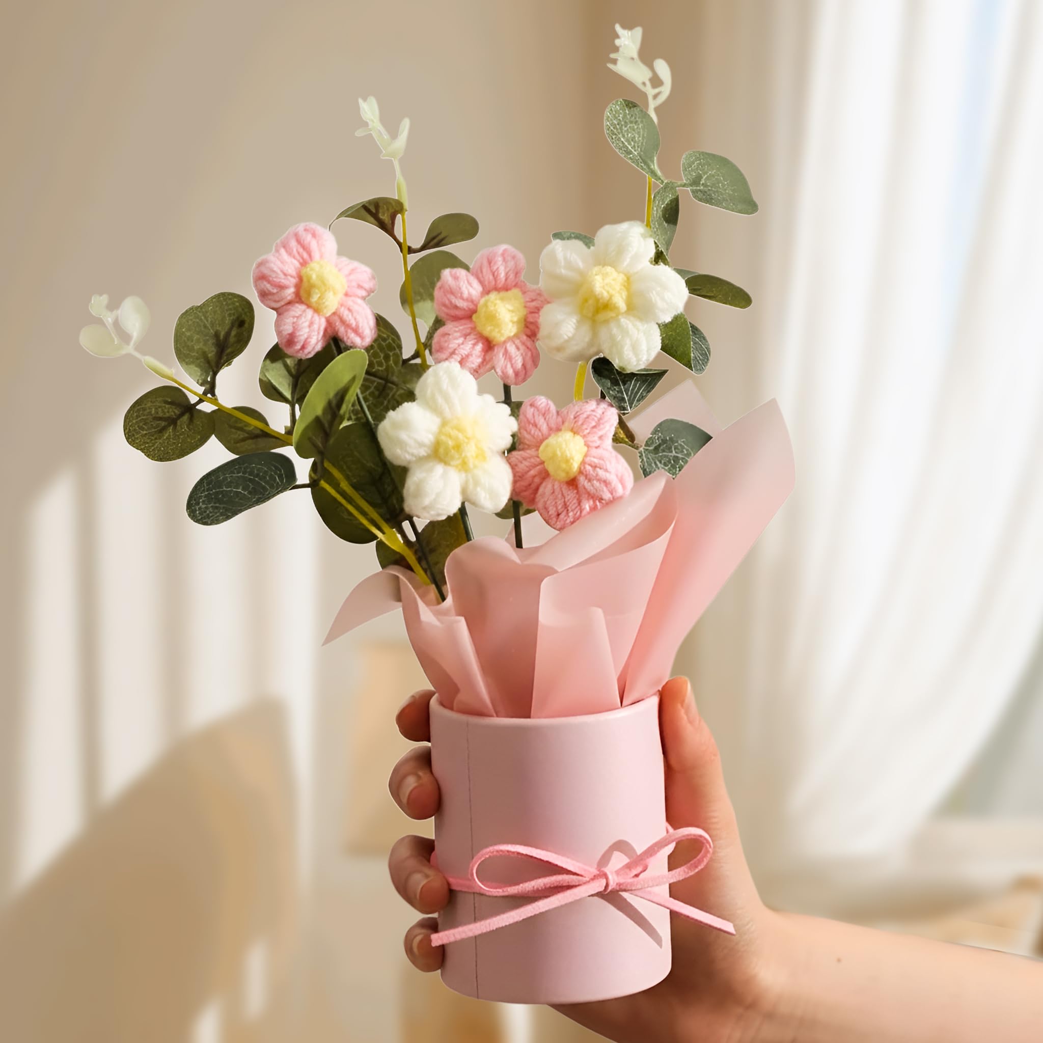 TIED RIBBONS Artificial Crochet Flowers Bouquet (Pink, 7.9 Inch x 2.6 Inch) - Handmade Knitted Floral Arrangement with Decorative Leaves | Tabletop Home Décor, Office Desk, Gift Item for Valentine Day-image-31