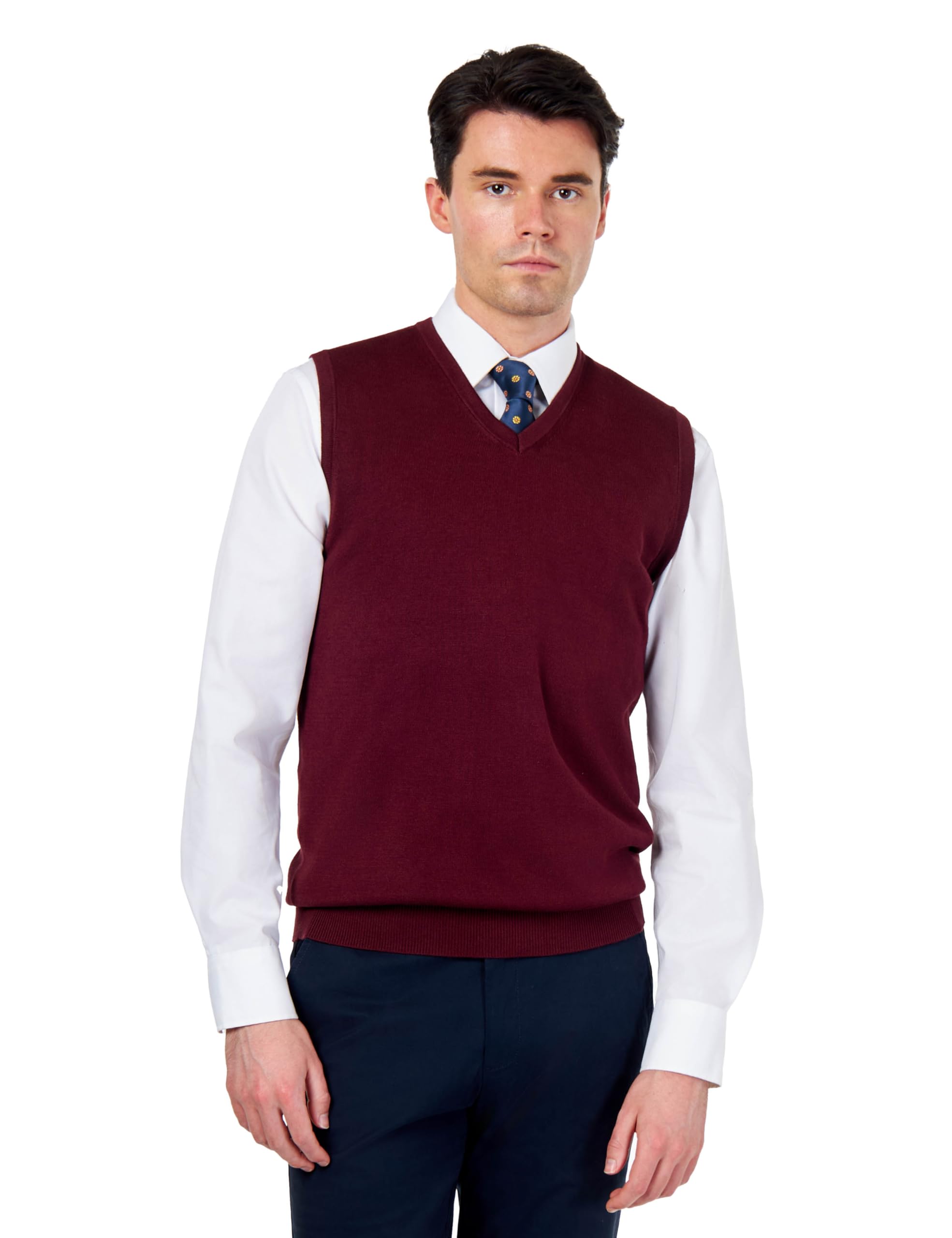 Men’s Knitted 100% Cotton Maroon Sleeveless Jumper V-Neck Vest [JUMPER-VEST-543-MAROON-2XL]