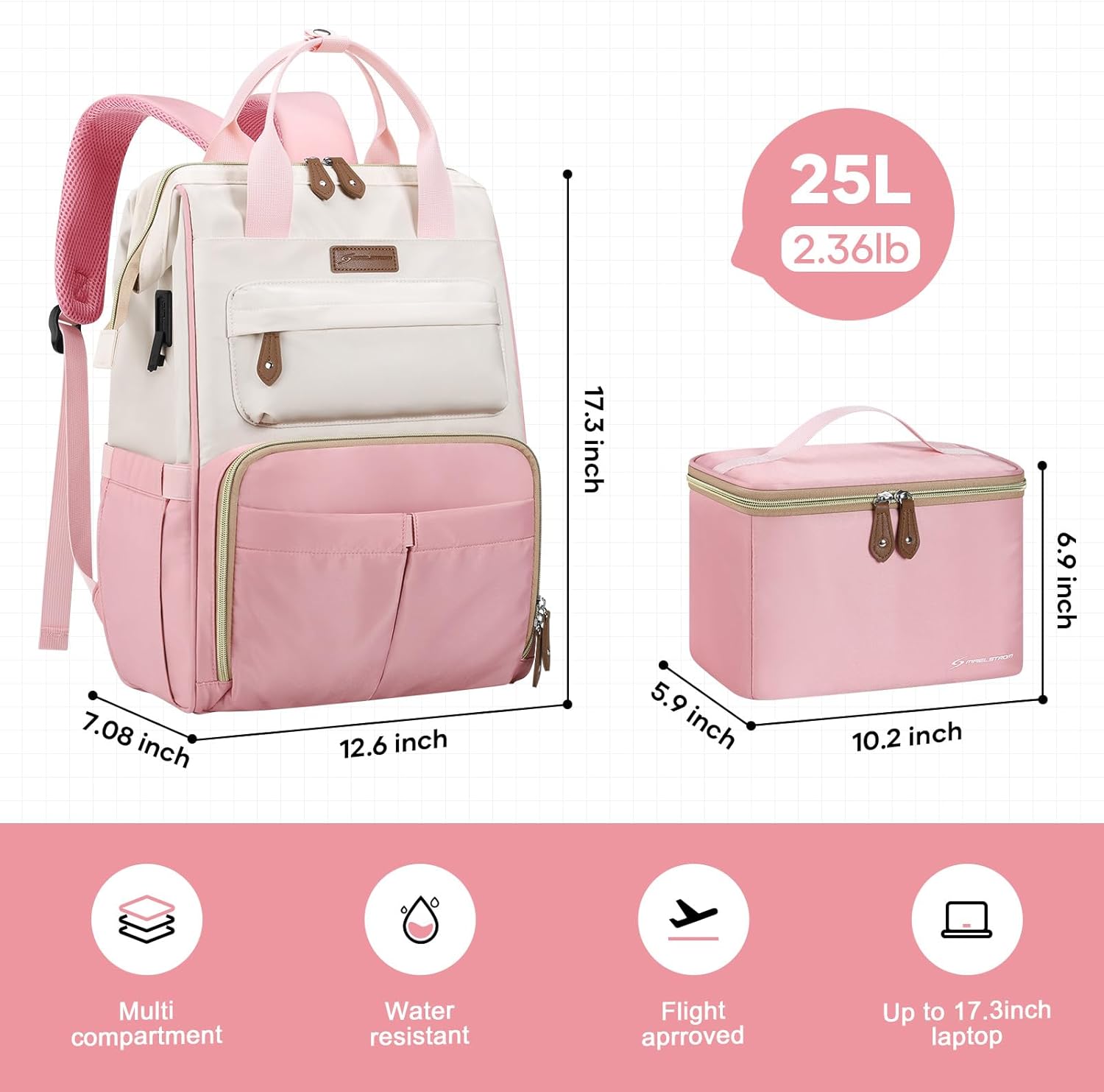 Maelstrom Travel Backpack for Women Men,Laptop Backpack Fits 15.6-17.3 Inch Laptop, Nurse/Work Bag with Insulated Lunch Box (Pink-beige) - Image 5