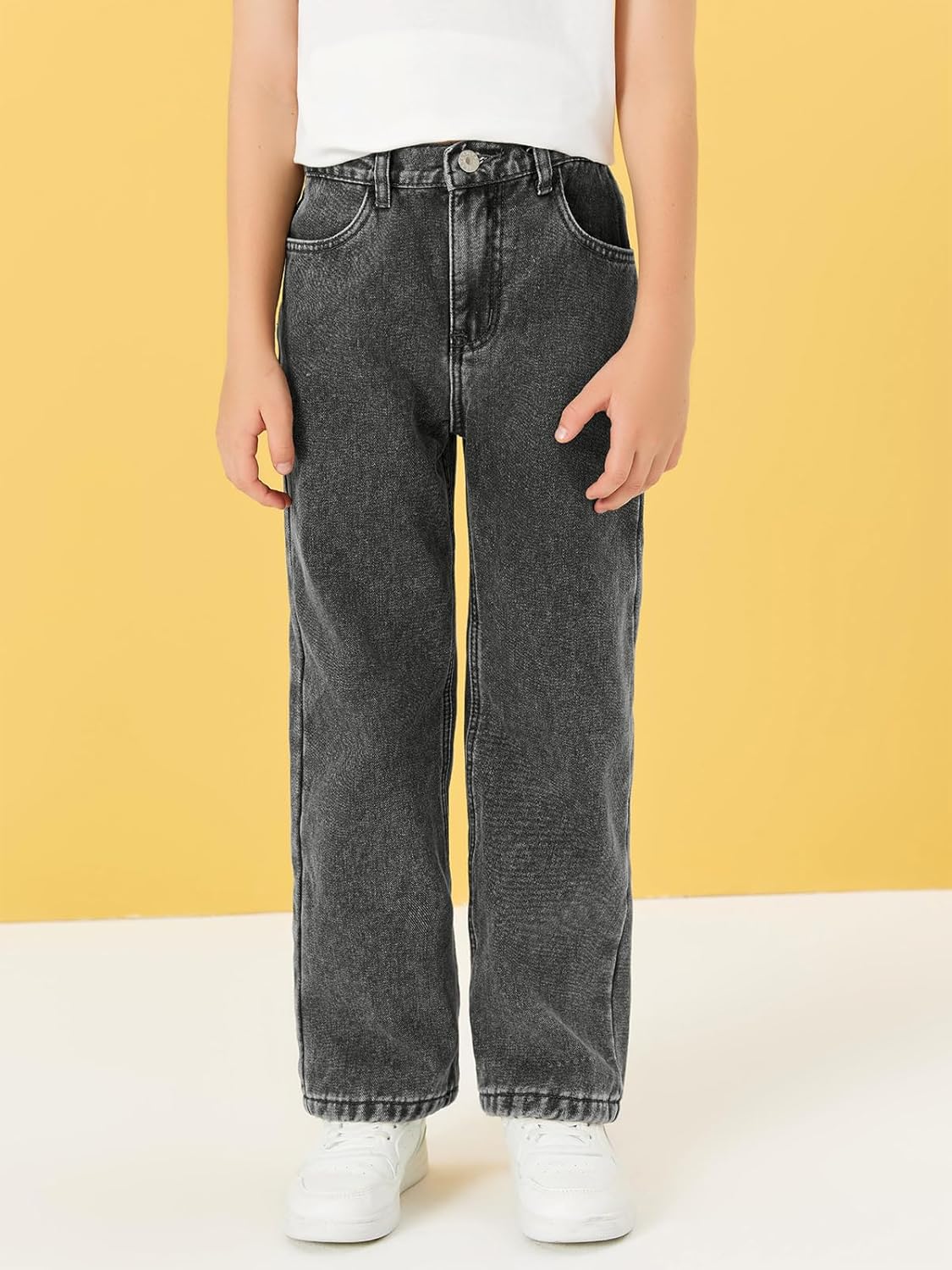 Haloumoning Boy's Thermal Fleece Lined Jeans Kids Elastic Waist Straight Leg Denim Pants with Pockets - Image 2