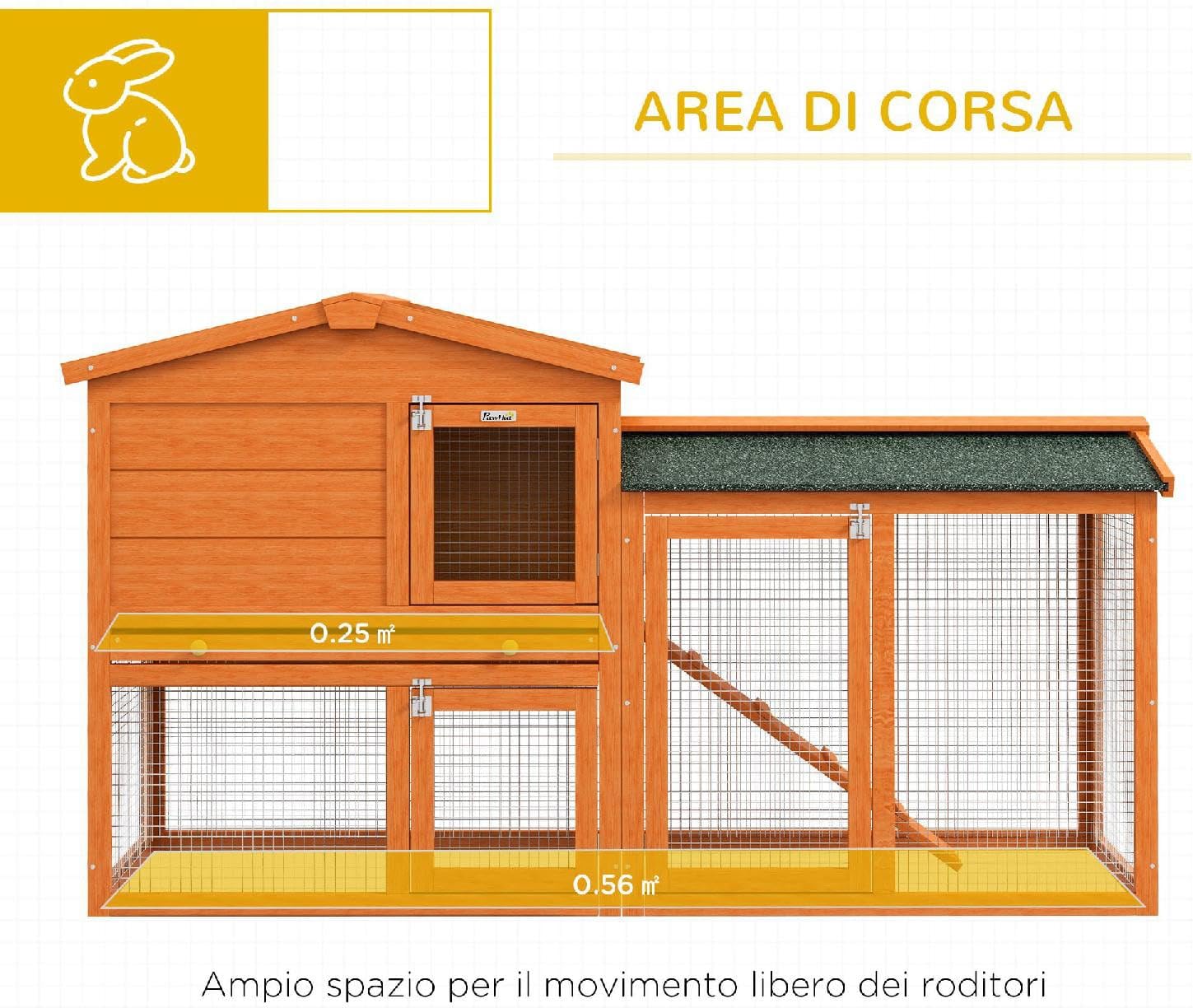 Conigliera a 2 Piani da Esterno in Legno di Abete e Filo di Metallo 150x45x85 cm colore Arancione