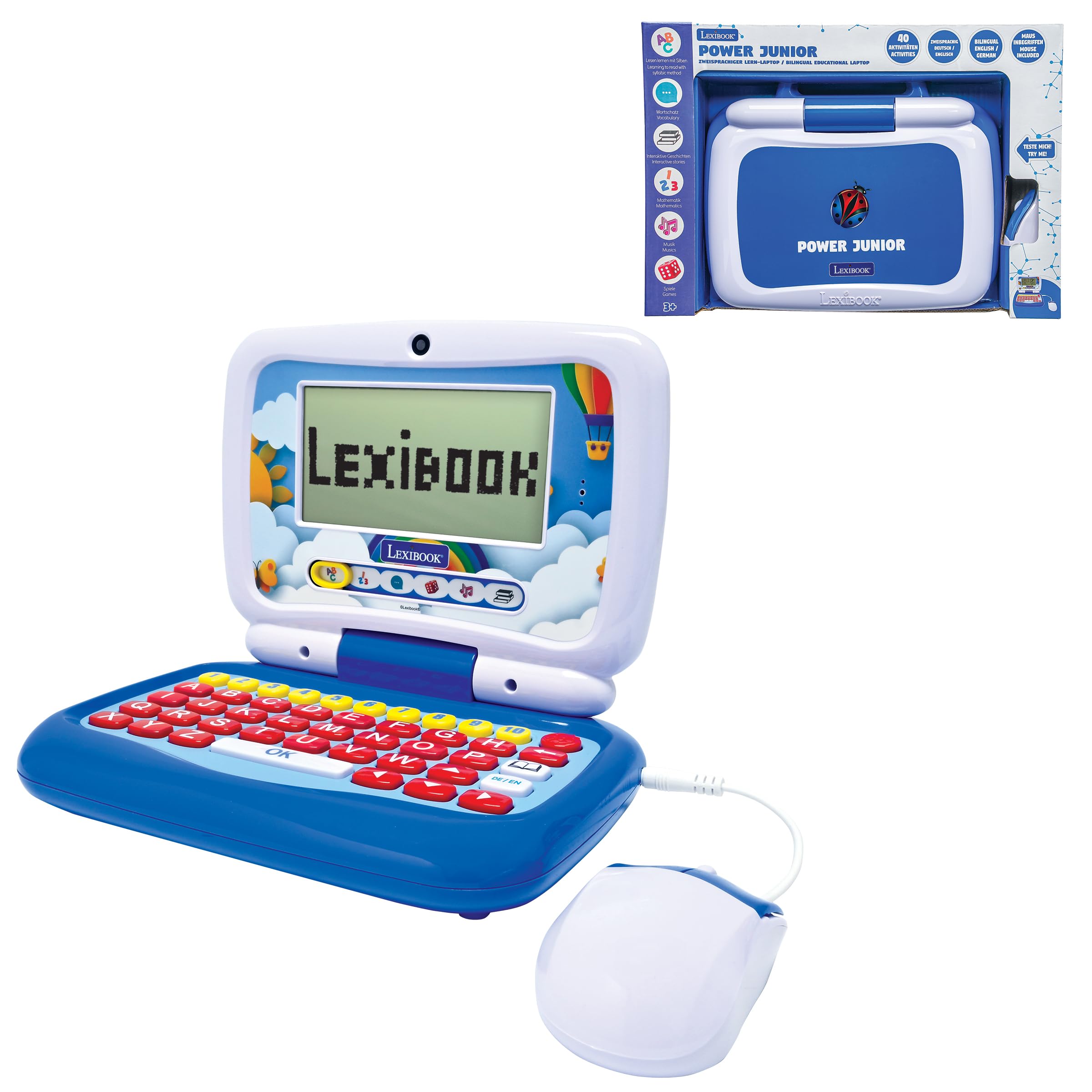 LEXIBOOK, Bilingual Educational Laptop ENGLISH/GERMAN, 40 Activities, Syllabic and Fun Method, 3 Animated Stories, Realistic Keyboard and Mouse, JC398i3