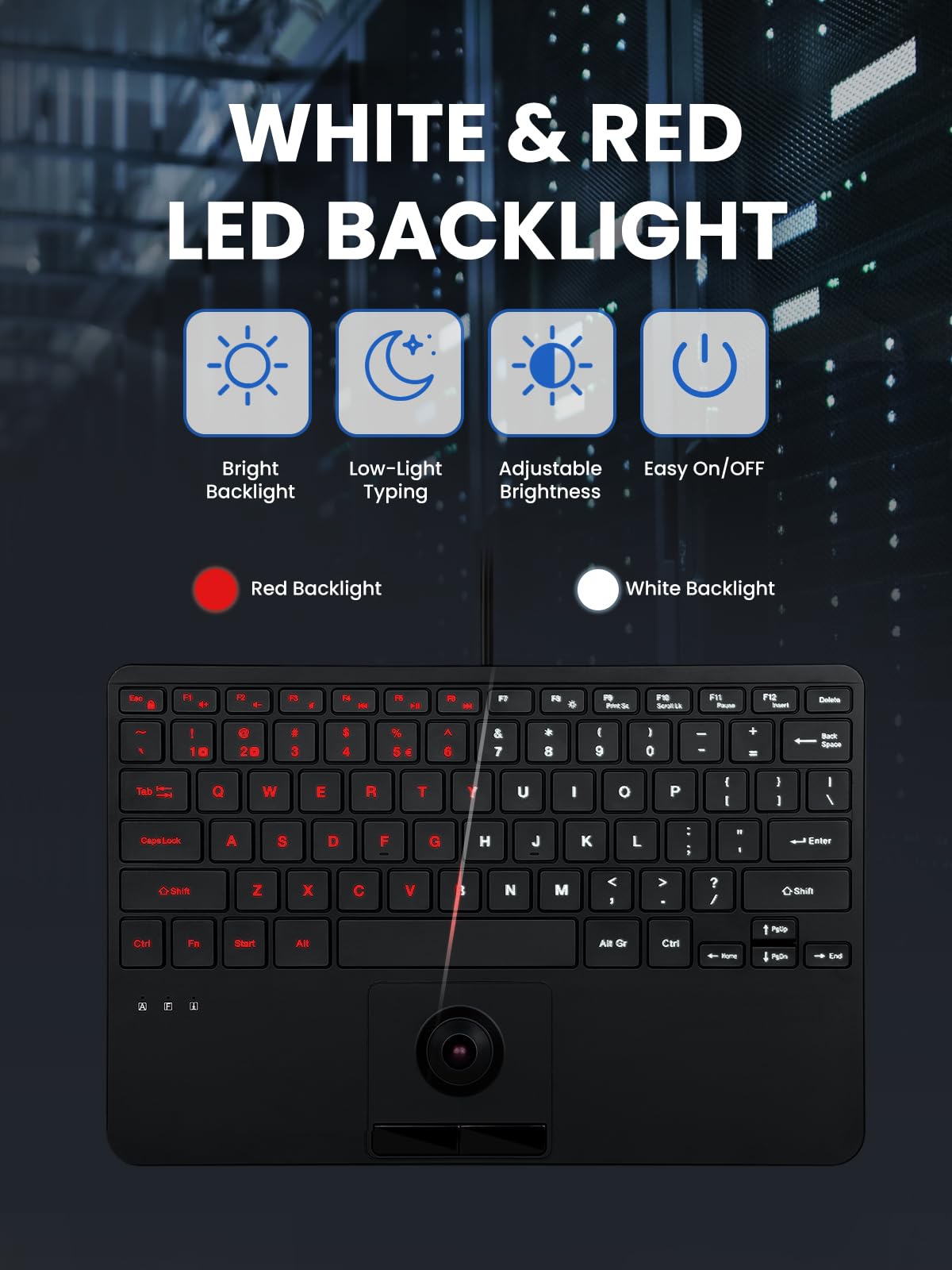 Perixx PERIBOARD-427 US, przewodowa podświetlana klawiatura USB z kulką trackball - funkcja White and Red Backlit - Compact 11.18x7.17x1.1 inch Dimension - wbudowana w 2 koncentratory USB - US English