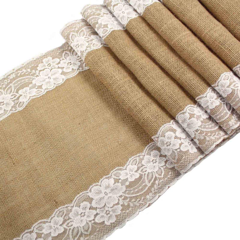 OZXCHIXU(TM) 12 x 108 Rustic Burlap Lace Hessian Table Runner Natural Jute for Wedding Festival Event Table Decoration White Lace Both Side (5)