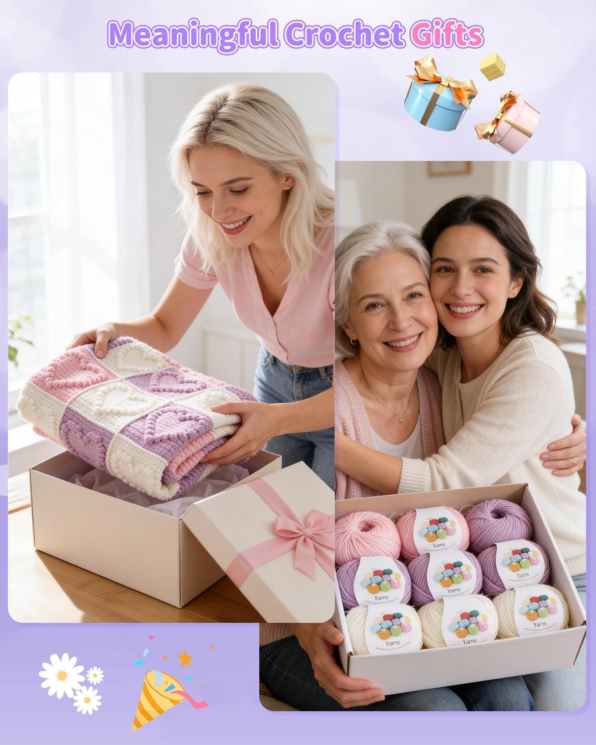 Coopay Häkeldecke Kit, Decke Häkelsets für Anfänger Erwachsene, Komplettes Starter-Häkelset mit Schritt-für-Schritt-Video & genug Garn, einfach zu häkeln 3D Love Granny Square Decke, Rosa-Lila