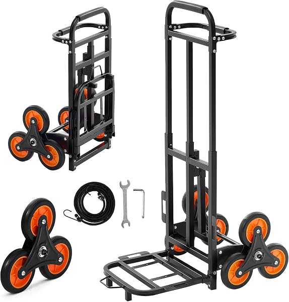 VEVOR Carrello Pieghevole per Scale Capacità di Salita Scale 100 kg, per Carichi Pesanti con Maniglia Telescopica, 6 Ruote e 2 Corde Elastiche, Carrello Saliscale per Generi Alimentari, Magazzino - 1