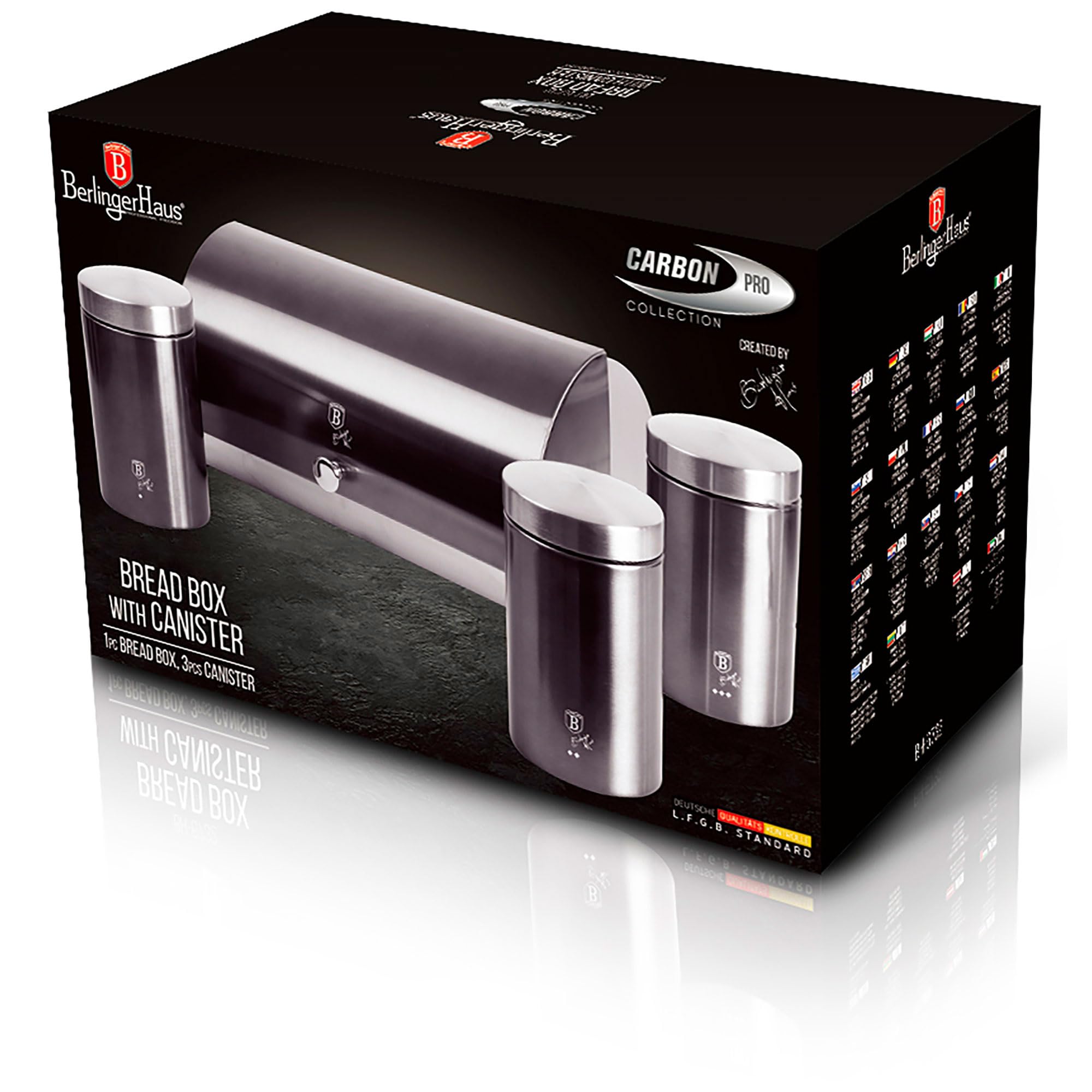 Berlinger Haus Carbon Pro Set Bochenek stołowy + zestaw 3 łodzi kuchennych do przechowywania, stal nierdzewna, pojemnik do przechowywania chleba i ciastek, pokrywka przesuwna, Bread Box, Szary/Inox