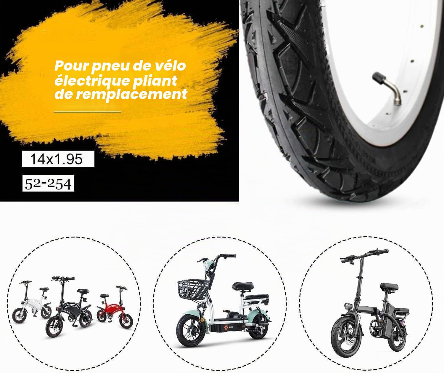14x1.95 Pneu pour Vélo Électrique avec Chambre à Air, 14x1.95 Kit de Remplacement Antidérapant et Résistant Aux Crevaisons pour Vélo Pliant, Pneu Extérieur Noir Durable