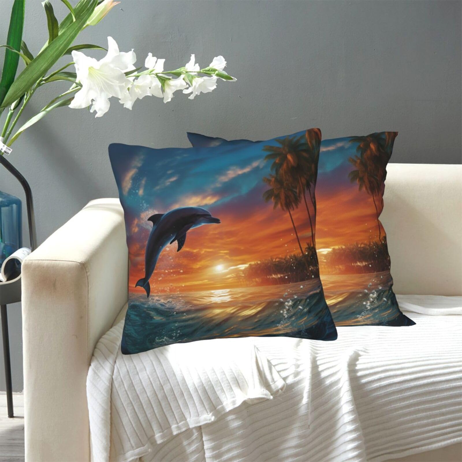 FekiLoot Decorative Throw Pillow Covers Modern Farmhouse Pillowcase Double Sided Cozy Cushion Cover for Sofa Couch Bed 20"X20" Dolphins and Palm Trees