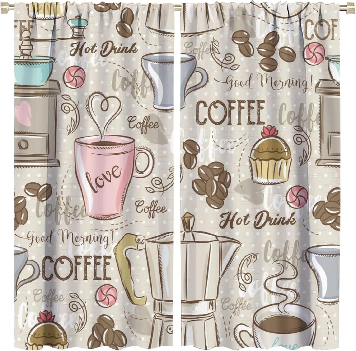 Modern Curtains, Vintage Coffee Maker Coffee Muffin Cup and Beige Background Theme, Living Room Kitchen Rod Pocket Window Trim Curtains, 2 Sets of Panels, 42x45 in.