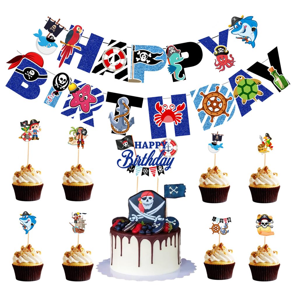 Pirate Party Decorations Set, Happy Birthday Pirate Theme Party Supplies Include Pirate Shark Happy Birthday Banner Cake Cupcake Toppers for Kids Boys Adults Birthday Party Supplies